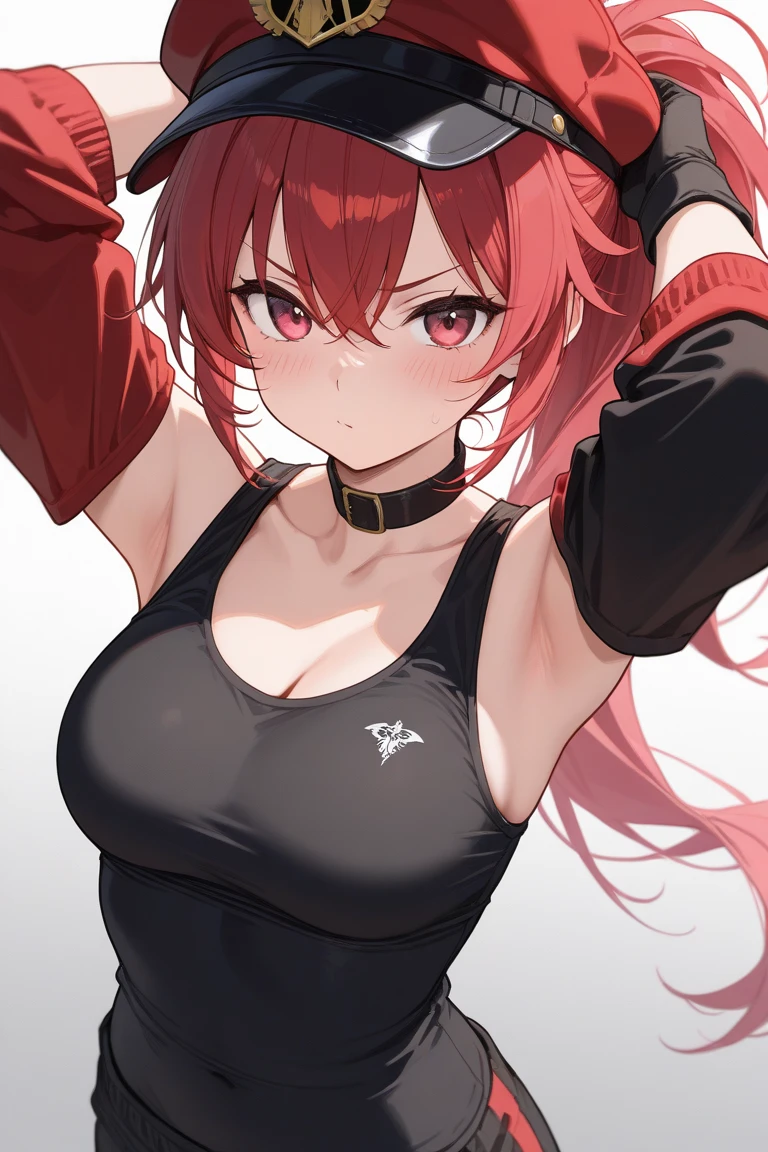 Yae miko-genshin impact, yae miko, genshin impact, Sports bra, big breast, midriff, detailed face, detailed body render, girl, Sports pants, hands behind head, sexy, blush, plump thighs