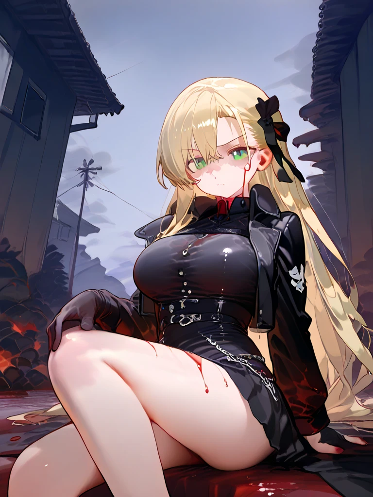 Nearl(Arknights),yellow hair,animal ears,curvy body,wearing original clothes(torn off), big breast,big thighs, covered in blood,gore,fatally injured, bruised body,bruised face,no background,midnight setting,nsfw, uncensored.
