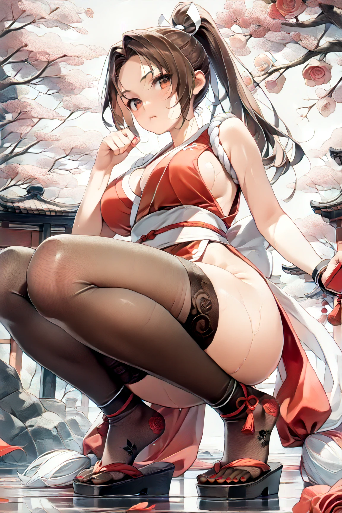 (masterpiece:1.2, top-quality), (realistic, photorealistic:1.4), beautiful illustration, (natural side lighting, movie lighting), (face focus,full body, from below),a girl, japanese, high school girl, perfect face, perfect body, cute and symmetrical face, shiny skin, babyface,(short hair:1.6), (low ponytail:1.6), long sideburns, light brown hair), asymmetrical bangs, dark blue eyes, big eyes, drooping eyes, (small breasts, posed cleavage,seductive thighs, big ass), beautiful hair, beautiful face, beautiful detailed eyes, beautiful clavicle, beautiful body, beautiful chest, beautiful thigh, beautiful legs, beautiful fingers, (off-shoulder red sweter dress:1.3), (sleeveless black:1.1),( brown tight mini skirt), emerald green hair ribbon), (beautiful scenery), morning, (street), standing, upper eyes, (with sparkling eyes and a contagious smile:1.2),looking at Viewer