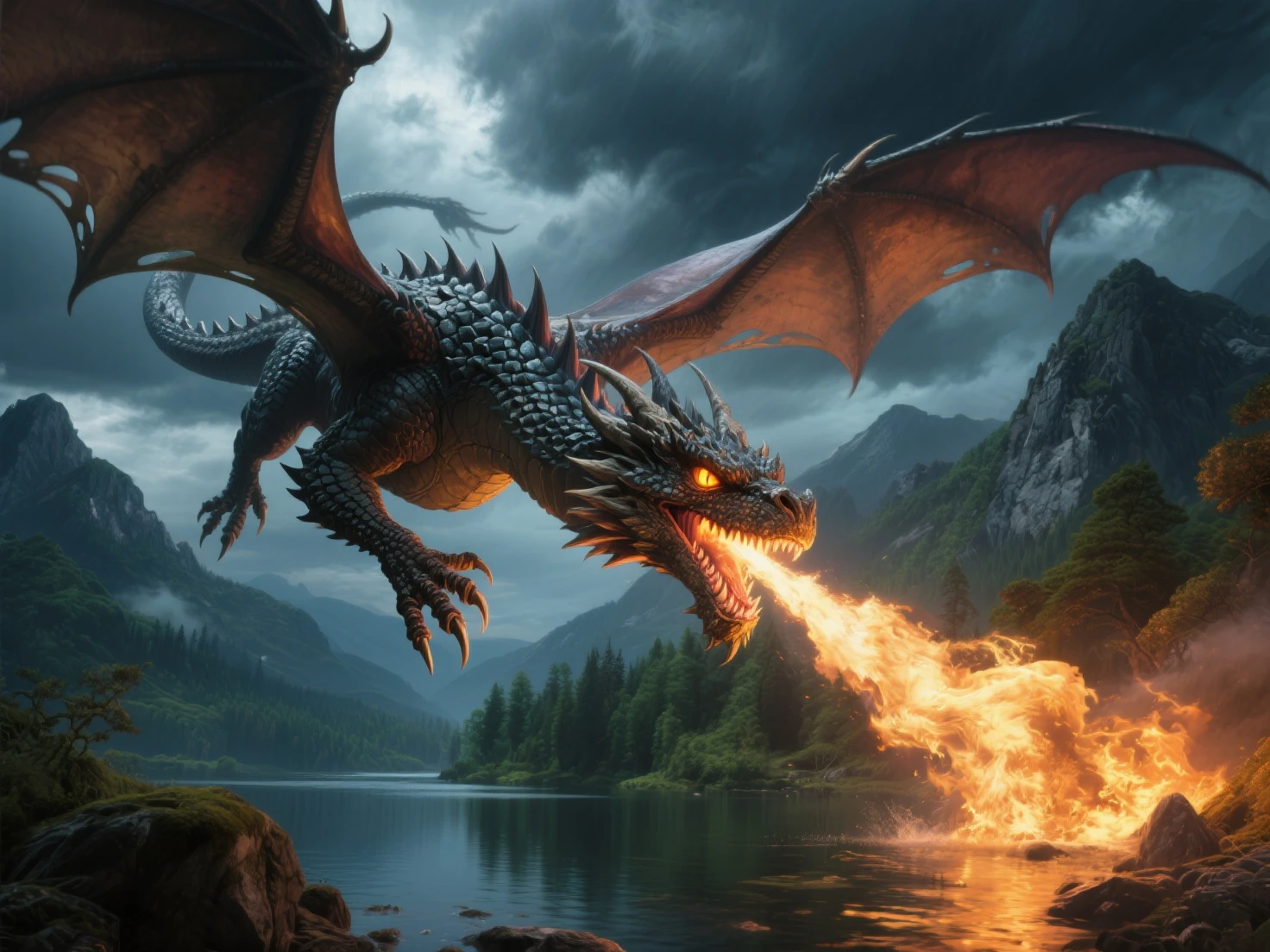 Dragon flying over a burning forest while shooting flames