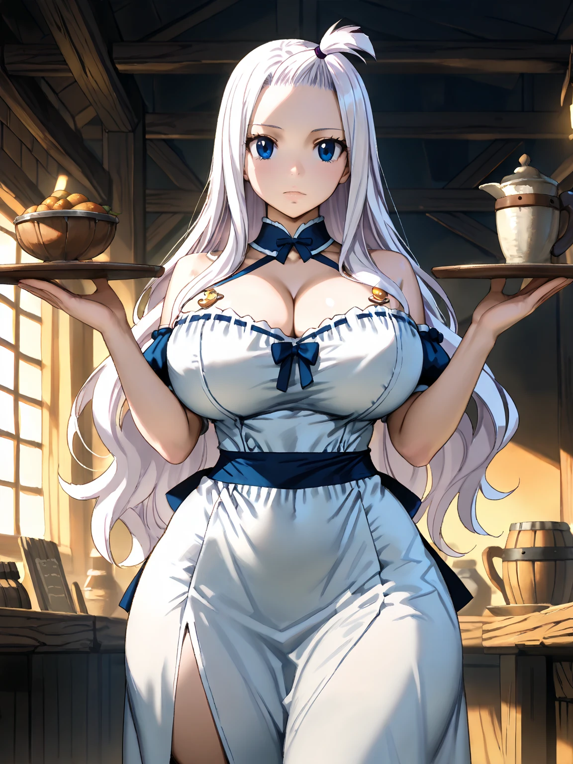 a peek below the skirt, focus on the white panties, high heels, (Best Quality, Masterpiece),sexy mommy,show white panties, Front cover of a women's cooking magazine,mini  red maid costume , , , 18+, , 1girl, 30 years old, stunning, cute, heartwarming smile, hourglass figure, lowering her panties down to her thighs,  pinny apron, beautiful food, text, diagrams, advertisements, magazine title,                                                                                                            long white hair, dark bluu eyes