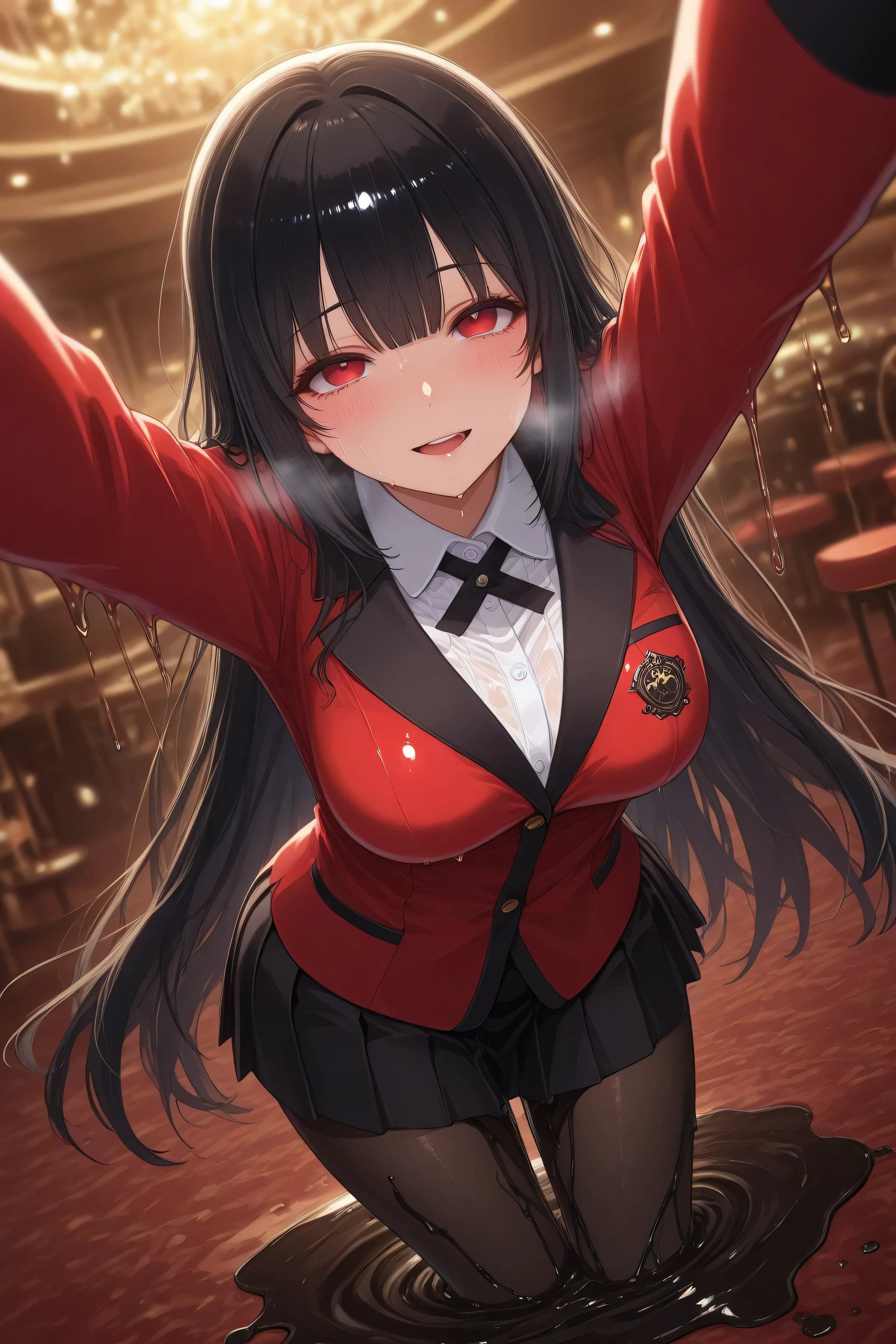 adult Yumeko Jabami slimegirl:2.0, Erotic:2.0, translucent:2.0, long black hair:1.0, red blazer:1.0, black pantyhose:1.0, red eyes, drunken eyes:1.0, melt:1.0, melting:1.0, drippy slime, she is melting:3.0, whole body is covered with jiggly melted slime:1.0, melt into a puddle, melting hair, heavy breathing:1.0, perfect eyes, detailed eyes, detailed face, dynamic pose:1.0, elegant casino background, detailed background, great angle, great perspective, professional quality, dynamic lighting, volumetric light, great image composition, NSFW,