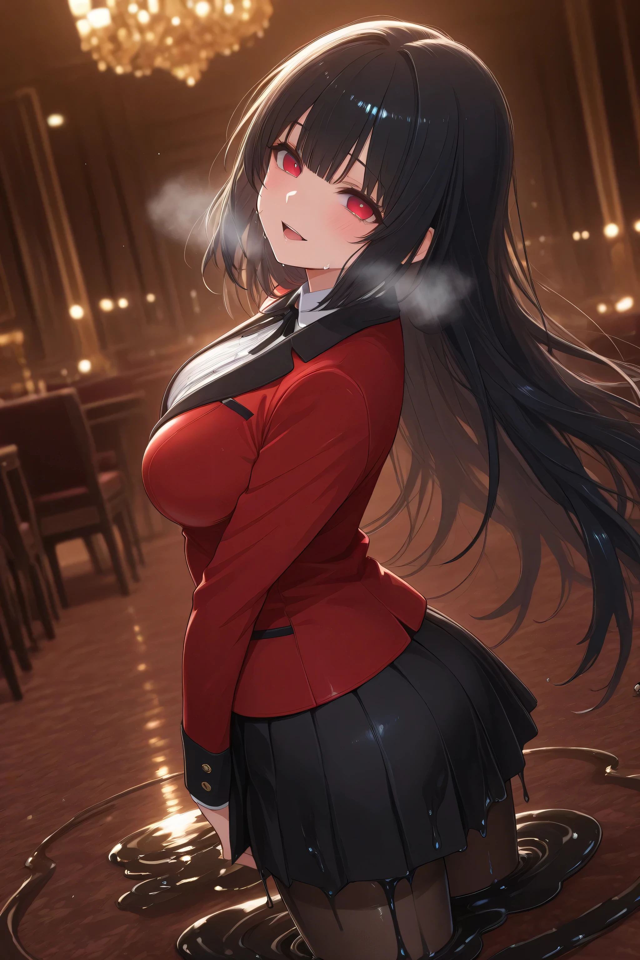 adult Yumeko Jabami slimegirl:2.0, Erotic:2.0, translucent:2.0, long black hair:1.0, melting red blazer:1.0, melting black pantyhose:1.0, melt pantyhose:1.0, red eyes, drunken eyes:1.0, melt:1.0, melting:1.0, drippy slime, she is melting:3.0, whole body is covered with jiggly melted slime:1.0, melt into a puddle, melting hair, heavy breathing:1.0, perfect eyes, detailed eyes, detailed face, dynamic pose:1.0, elegant casino background, detailed background, great angle, great perspective, professional quality, dynamic lighting, volumetric light, great image composition, NSFW,