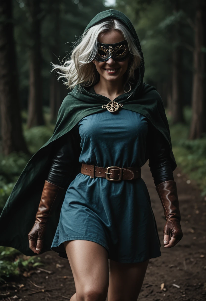 Short petite Caucasian woman with white hair,  shoulder length hair with bangs,  A dynamic figure dressed in medieval-style attire is prominently featured. The character wears a dark green hood with cape with a hood. ((Wearing a black leather eye mask, robbers mask over eyes)), The clothing underneath consists of a ((simple blue tunic:1.25)), possibly made from sturdy fabric suitable for adventuring, paired with a belt that cinches at the waist ensuring practicality. Brown leather gloves, The hands are firmly gripping a wooden mallet, illustrating readiness for action.  Bright hues of blue and green dominate the palette, enhancing the sense of energy and vitality. Smug seductive  grin, ((running towards the viewer:1.3)), dynamic motion blur suggesting that she’s running really fast