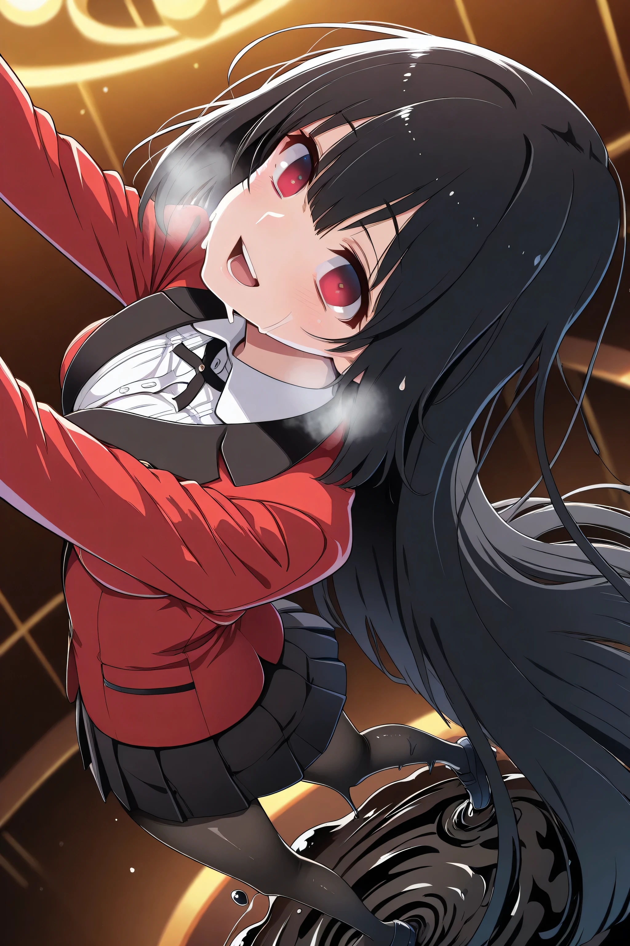 adult Yumeko Jabami slimegirl:2.0, Erotic:2.0, translucent:2.0, long black hair:1.0, melting red blazer:1.0, melting black pantyhose:1.0, melt pantyhose:1.0, red eyes, drunken eyes:1.0, melt:1.0, melting:1.0, drippy slime, she is melting:3.0, whole body is covered with jiggly melted slime:1.0, melt into a puddle, melting hair, heavy breathing:1.0, perfect eyes, detailed eyes, detailed face, dynamic pose:1.0, elegant casino background, detailed background, great angle, great perspective, professional quality, dynamic lighting, volumetric light, great image composition, NSFW,