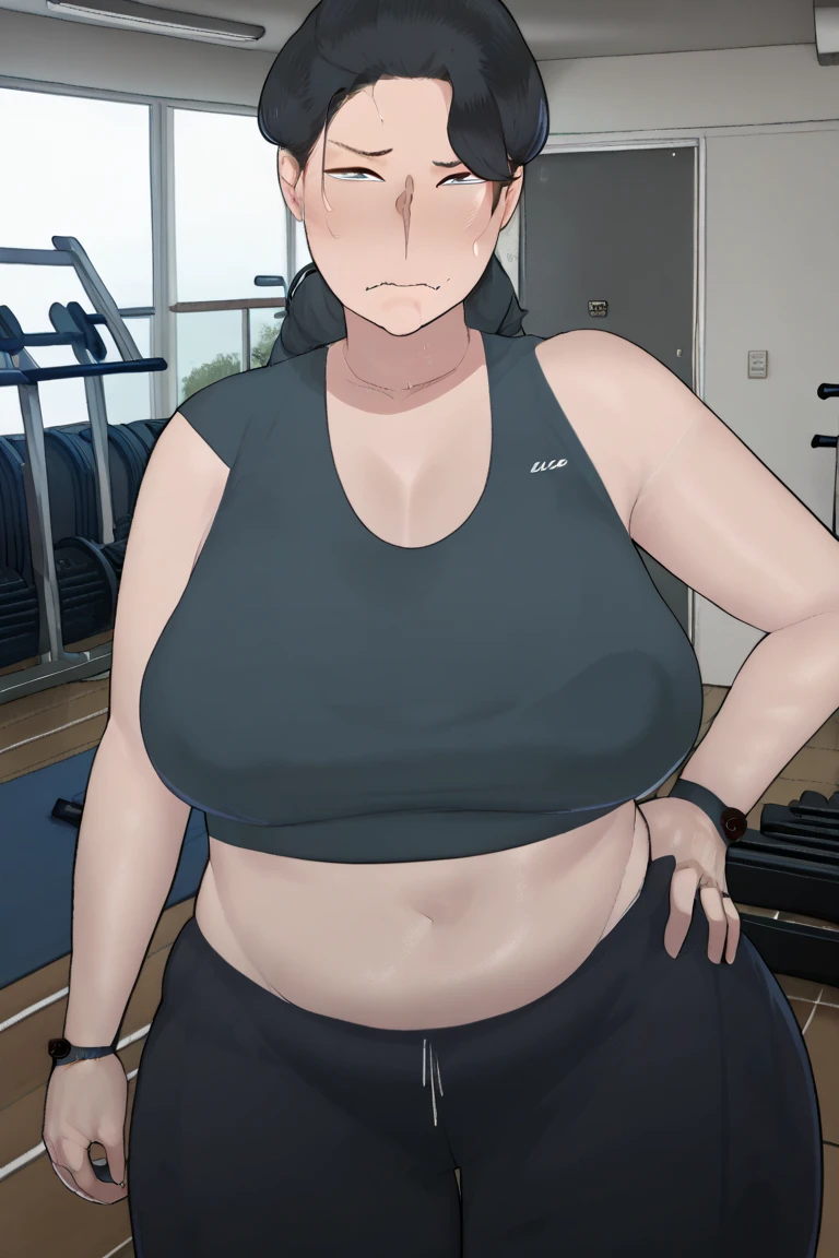 masterpiece, absurdres , (intricate details), (colorful),cinematic lighting,bust shot,extremely detailed CG unity 8k wallpaper ,hinata\(boruto\), 1girl, solo,mature female, arm up, looking at viewer, sports bra, locker room,cowboy shot, chubby belly, chubby, curvy. gained weight, fat, cleavage. overweight,