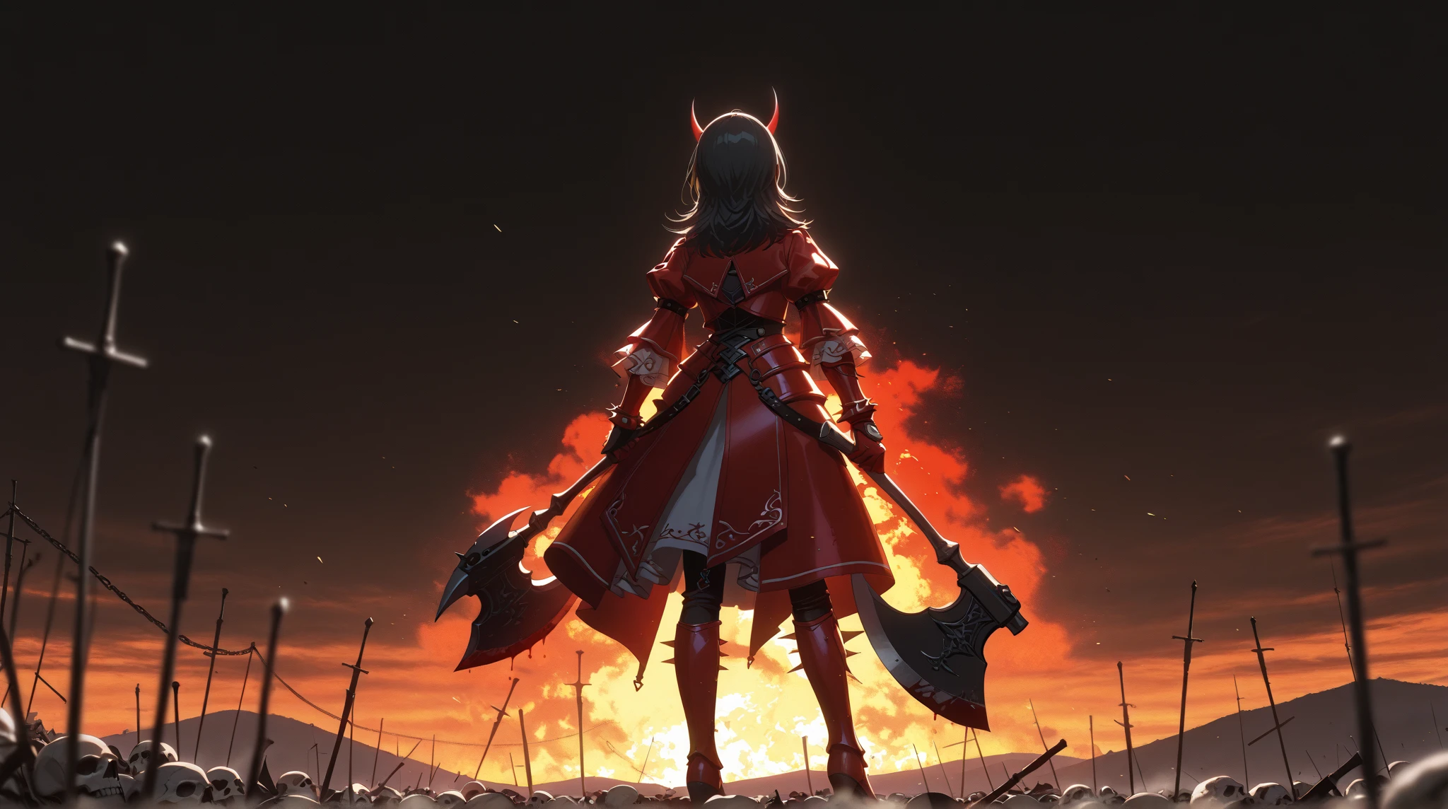 one girl, is the side of the band :1.2, whole body ,Yahata Umiri, Ave Mujica, long hair, black hair, clad in crimson spiked armor stained with blood, eyes glowing with scarlet fury,wielding a massive double-headed axe, devil horns, Standing on a hill of skulls, in a burning battlefield littered with bones and broken weapons, look at the audience