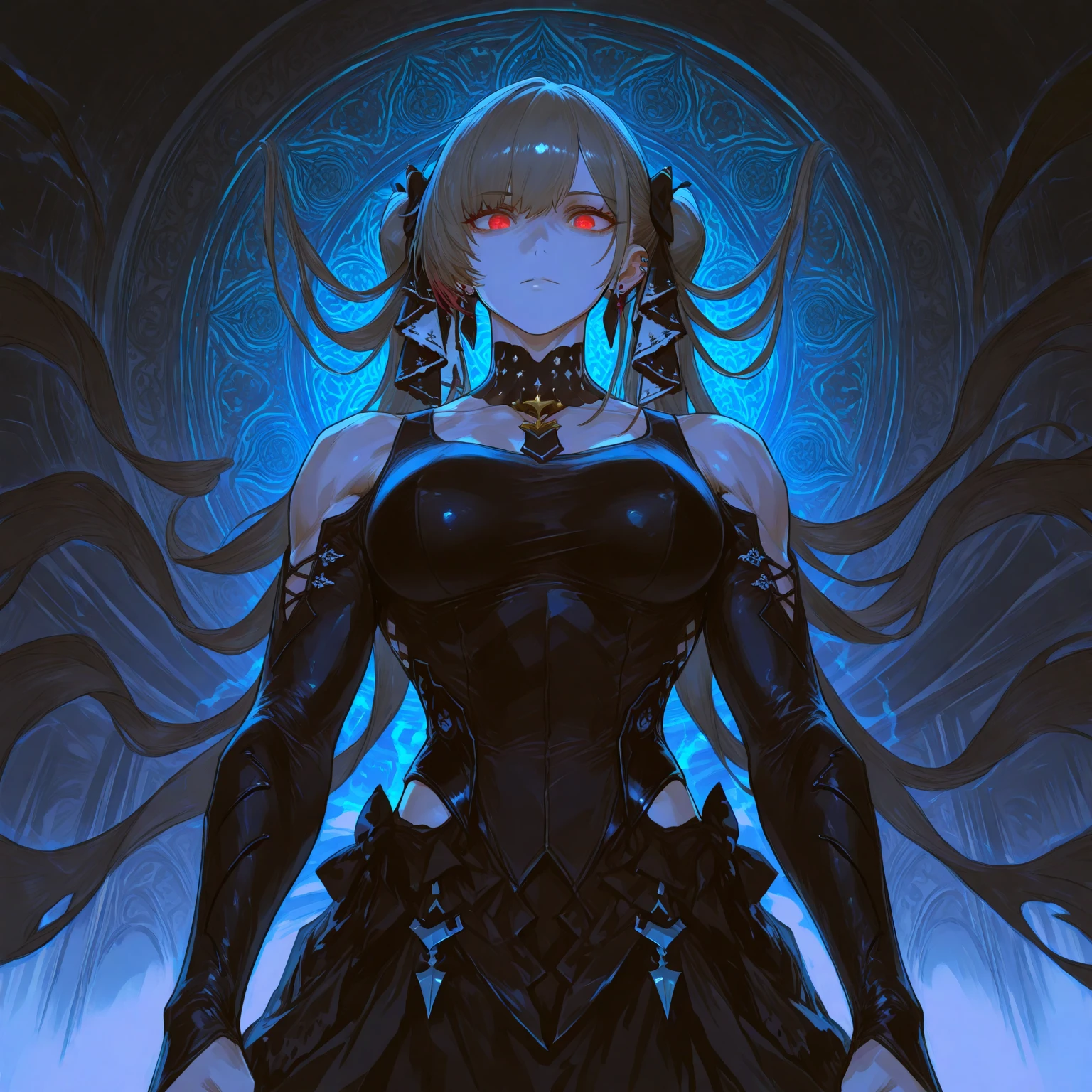 A cybernetically enhanced gothic alien girl, a masterpiece of mechanical horror looms in the shadows. This eerie creature is depicted in a hyper-realistic oil painting, capturing every intricate detail in stunning clarity. Its metallic fins glimmer with neon lights, contrasting starkly against its decaying scales. The background is a dark, polluted cityscape, adding to the ominous atmosphere of the image. The overall quality of the painting is so lifelike that it feels as if the alien could leap out of the canvas at any moment.