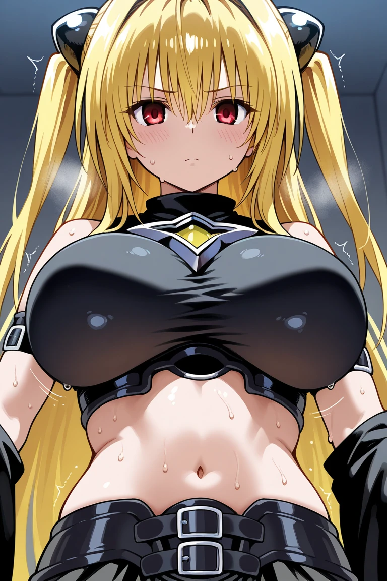 sensual, ((long blonde curly hair)), thick thighs, 8k, 4k, highest quality, High resolution:1.2), cute anime face, noise reduction, ((shining blue eyes, gentle smile, kind eyes))、toned abdominal muscles, muscular arms, muscular legs,  young face, anime eyes, (((big breasts、A chest that is about to burst)))、(((Bondage Play)))、(((Rear view:1.9、I&#39;ll turn around、emphasize the buttocks、T-back that digs into your butt)))、(((white thong thong)))、(((Grab your breasts with both hands)))、battle armor