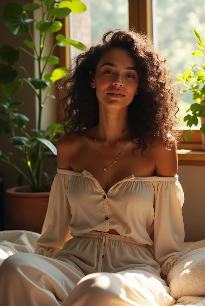 (photorealism:1.2), beautiful woman, sitting on bed, wearing loose off-shoulder top, pajama pants, long curly hair, indoors, soft lighting, plants in background, window with sunlight, cozy room, relaxed pose, realistic, intricate details, warm colors, by Greg Rutkowski, by Alphonse Mucha