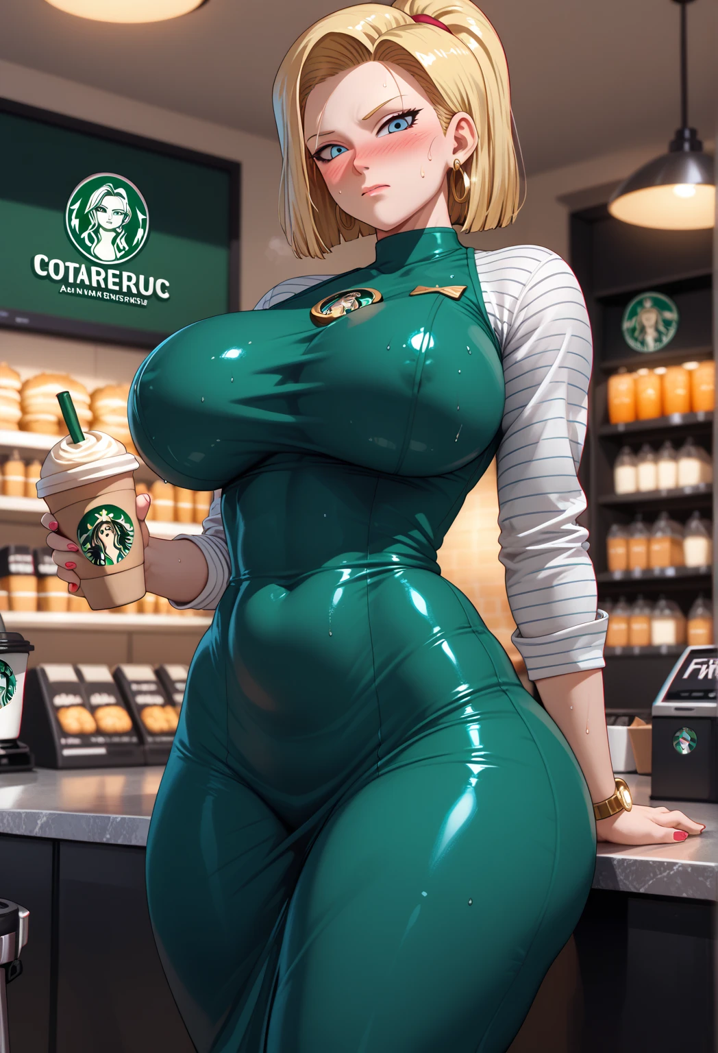 (masterpiece, best quality, highres, detailed, realistic:1.2), american woman, teenager, young, detailed face, beautiful face, (gigantic breasts:1.9), (bursting breasts), (pleased expression:1.3), thin, slender, dungarees, barrister blonde braided hair, confident, open smile, customers staring, coffee shop, green baseball cap