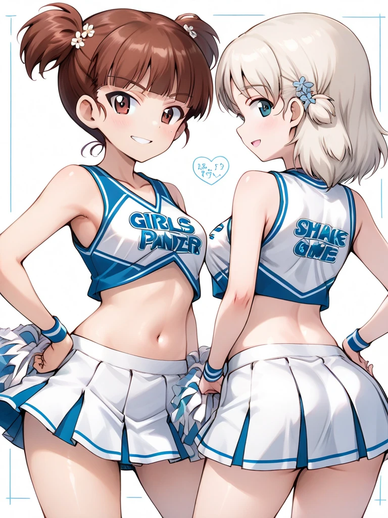 2人の女の子(,young girl ,short stature,gyaru)) ,flat chest,nsfw,,,big head、black hair,long hair,.cheerleader,stand,lift skirt.shy, sexual ecstasy, blush