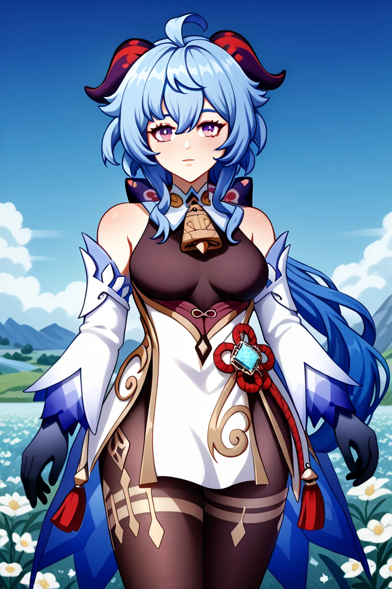 <lora:Sugimori_Ken_Style_v3:0.7>, ((masterpiece,best quality)), absurdres, <lora:Ganyu_Genshin:0.8>, Ganyu_Genshin, 1girl, solo, long hair, blue hair, purple eyes, low ponytail, ahoge, horns, long hair, low ponytail, ahoge, horns, bare shoulders, neck bell, bodystocking, white dress, gold trim, flower knot, detached sleeves, black gloves, pelvic curtain, thighlet, pantyhose, smile, looking at viewer, cowboy shot,