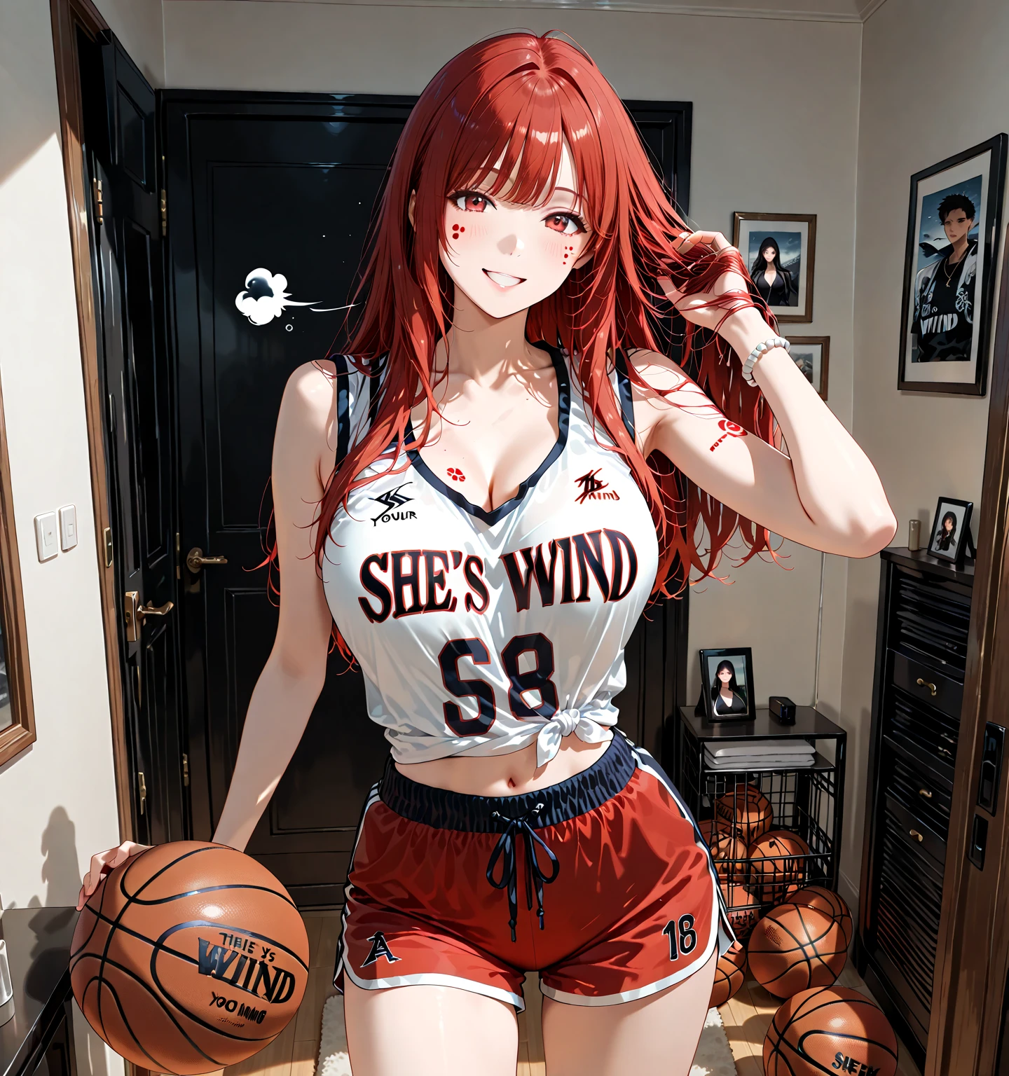 Peitos enormes Yoko Littner , ela tem muito grande , ela tem um corpo de garota de academia, She is partially naked, She&#39;s wearing a Lakers jersey, She is lying on a bed, she is wet. 