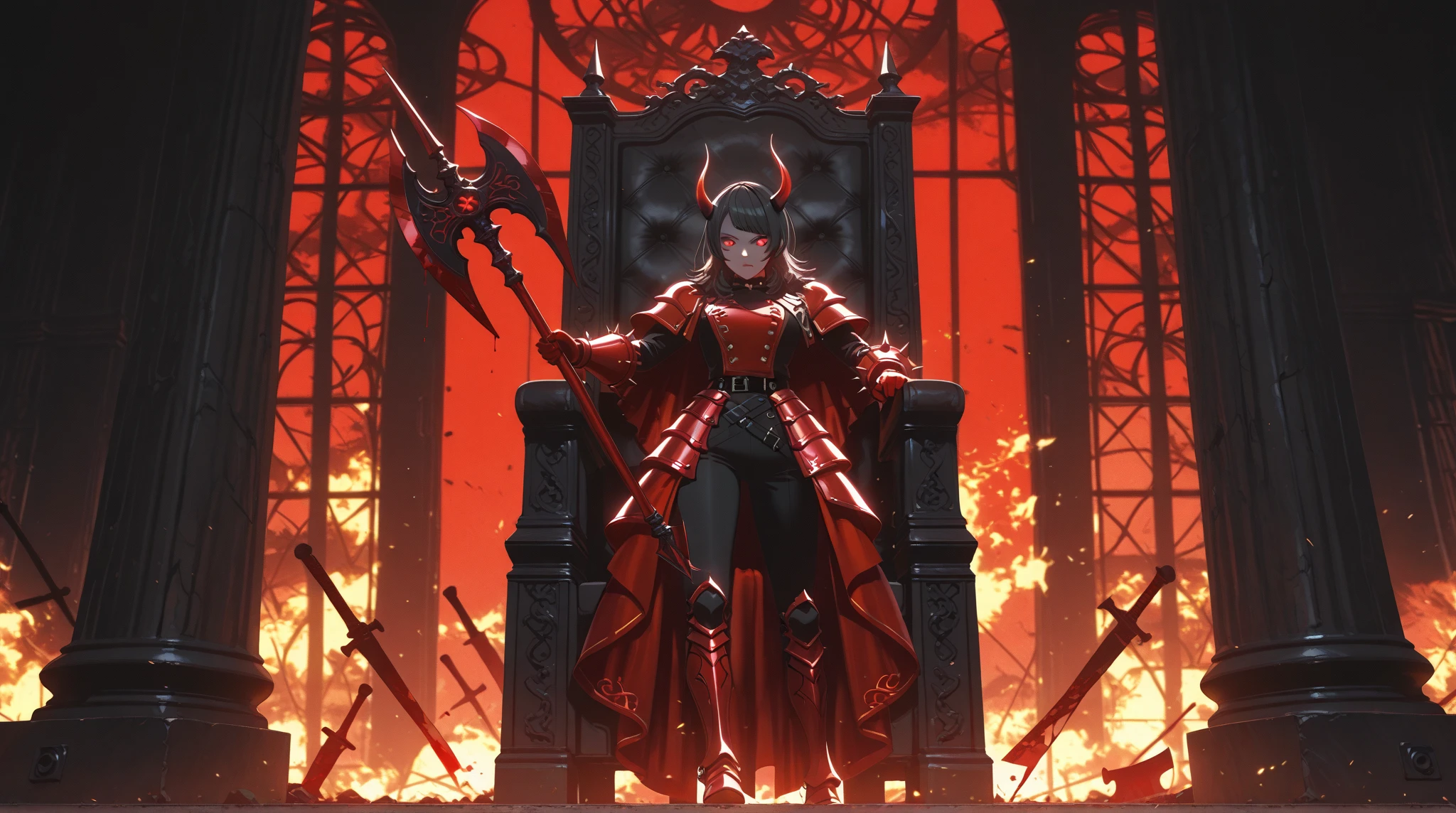 one girl, is the side of the band :1.2, whole body ,Yahata Umiri, Ave Mujica, long hair, black hair, clad in crimson spiked armor stained with blood, eyes glowing with scarlet fury,wielding a massive double-headed axe, devil horns, Standing beside the Skull Throne, in a burning battlefield littered with bones and broken weapons, look at the audience