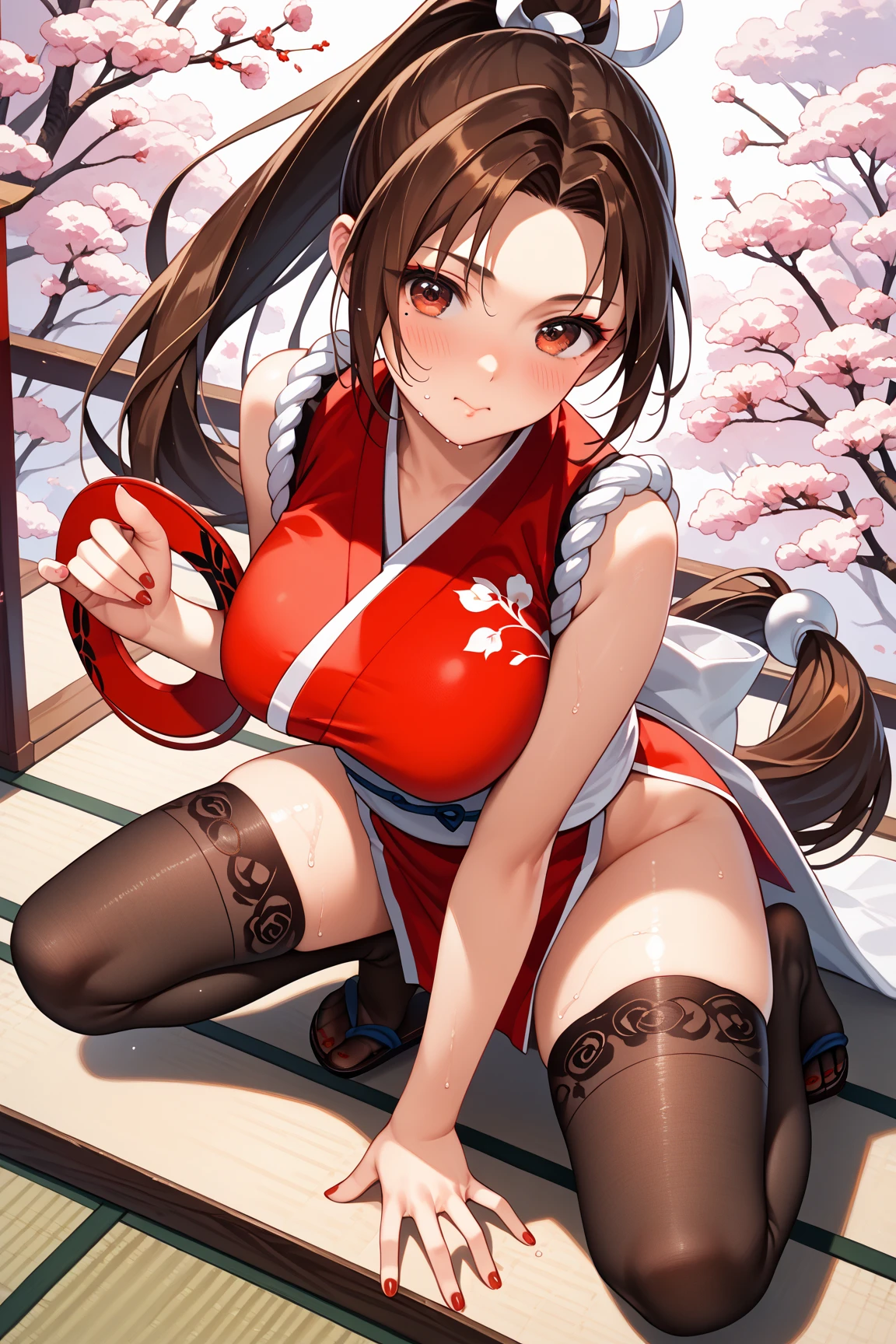 Masterpiece, Best Quality, (Realistic, 1girl, 独奏, beatiful face, Detailed Face, pretty eyes), 5 girl ,thights, Long hair, pony tail, The chest contains::, Red, shinobi, ninja, Bare Shoulder, elbow gloves, Skirt curtain, Handheld fan, fans
