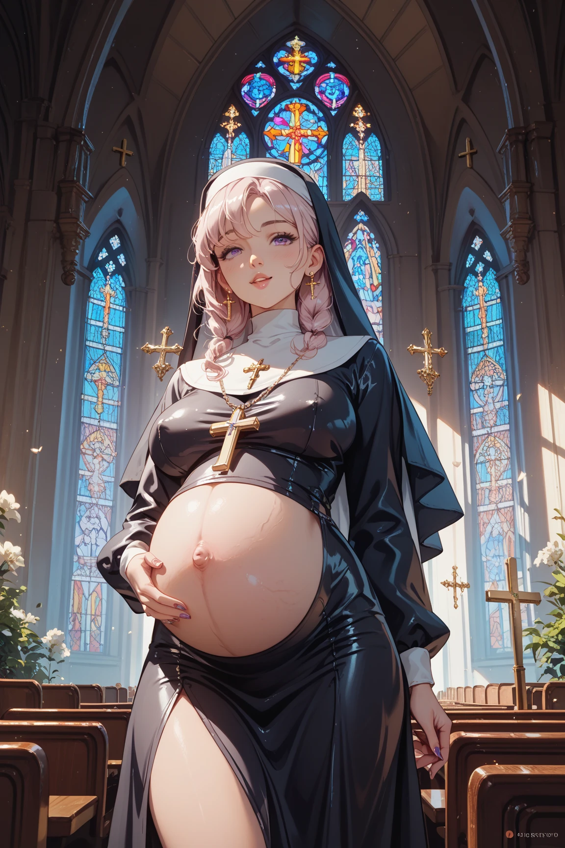 masterpiece, best quality, unity 8k wallpaper, illustration, very detailed, ((excitement, 1 woman,1 male, first sound)), whole body, naked, whole body , sweat , Warmth, Warmth, solid, big bust, 10 months pregnant (In the Church))(((have sex)))(Nun)