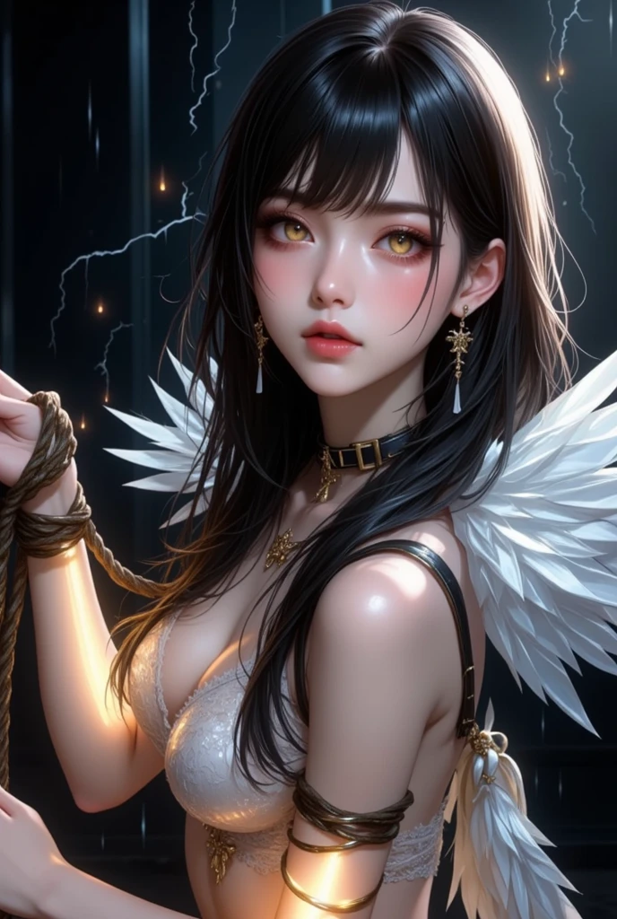 Best quality, masterpiece, realistic, 1 woman as a dark angel with wings, (detailed face), upper body, detailed eyes, black hair, strict expression, detailed pale skin, complex dark angel armor, walk on difficult (burning battlefield), night, dramatic, Bright, Sharp Focus, Fiery background
