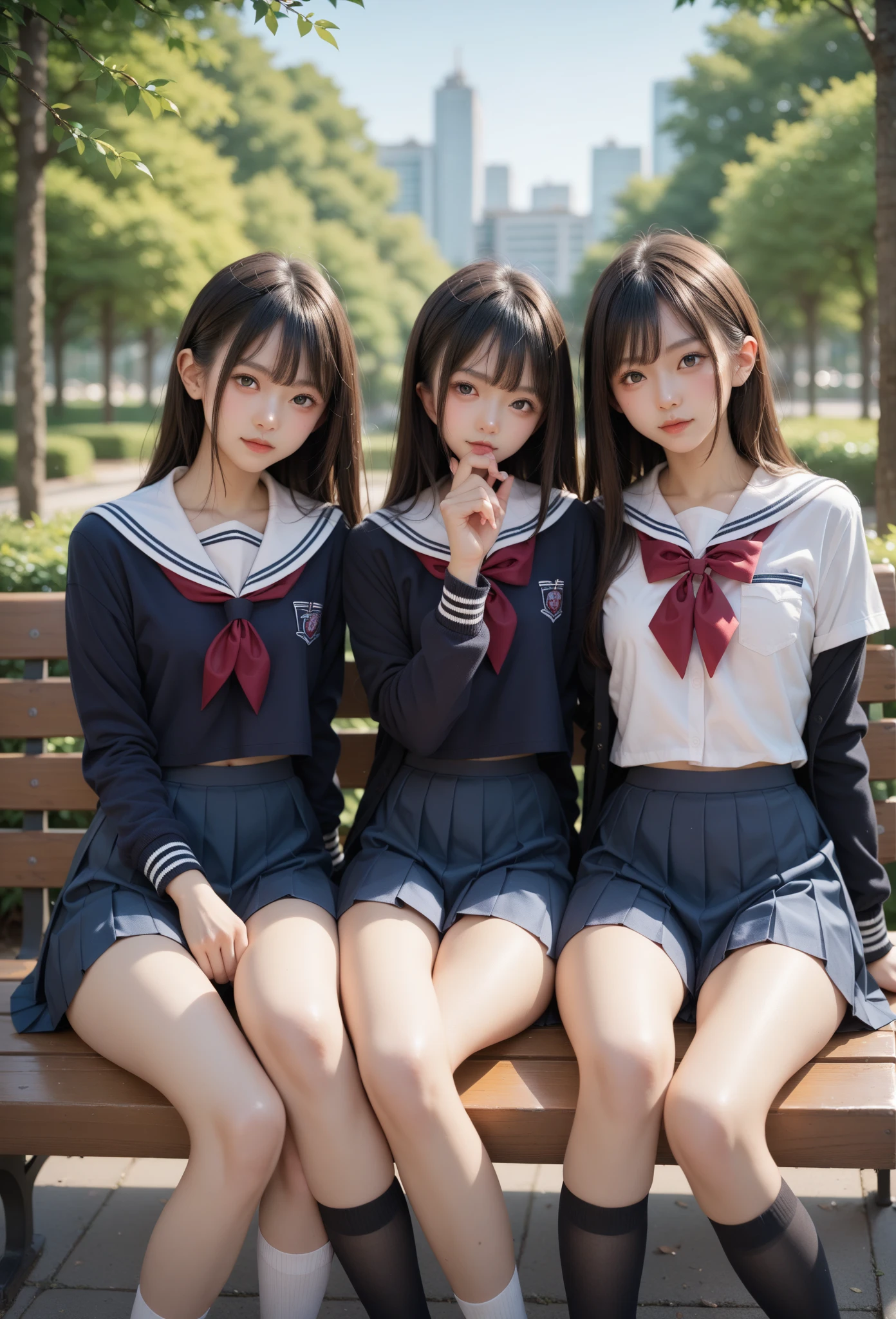 masterpiece, top quality, full body, bangs, black choker, 2girls, lily, lesbian kiss, kiss, (black hair), long hair, twin tails, hug, cleavage, bountiful breasts, summer sailor suit, slim, see-through, micro mini skirt, pleated skirt,