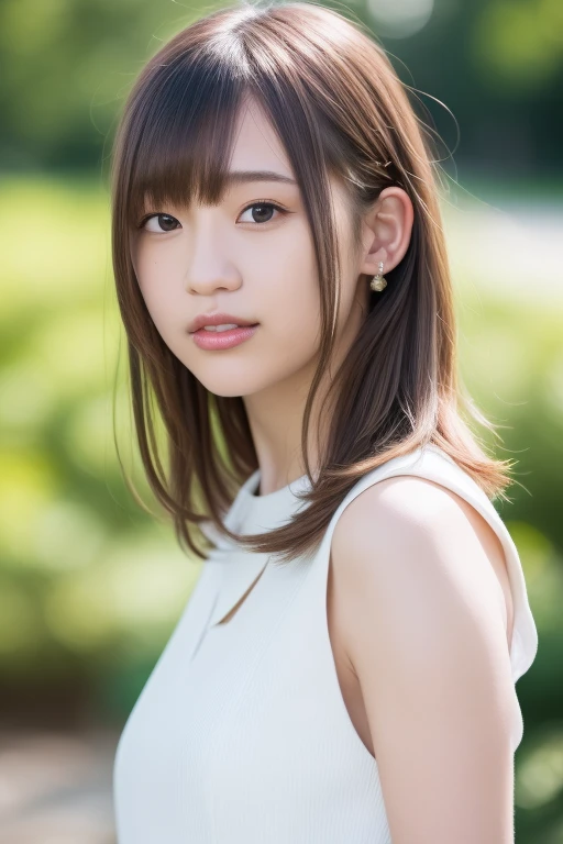 (8K, Raw photo, highest quality, masterpiece:1.2), (realistic, photo-realistic:1.37), Super detailed, ultra high resolution,1 girl,looking at the viewer,beautiful and detailed face,smile,narrow,(slim waist:1.3),shirt, Beautiful and smooth skin, skin texture, floating hair,professional lighting、bike girls、