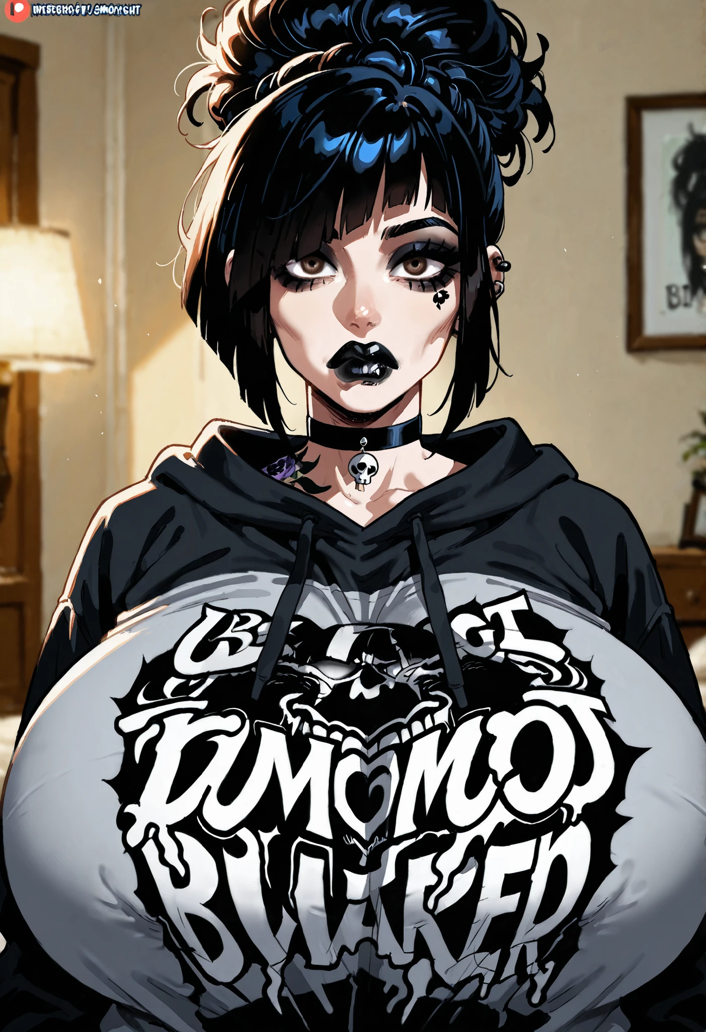 RavenTT, short hair, purple eyes, grey skin, 1girl, solo, standing, black t-shirt, white shirt, blue jeans, belt, lipstick, large breasts, layered sleeves