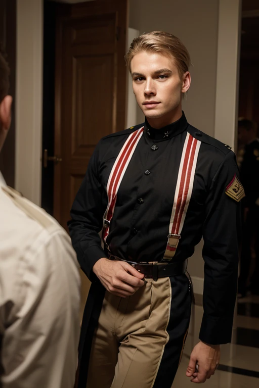 an awarded profesional photography of (1man:1.3) Eastern European with black eyes with male drop fade hairstyle and short boxed beard in Cream Blonde color, dressed as Fighter despair, carrying in bathroom ,(epic scene:1.3),ultradetialed character with perfect face,detailed skin,(ultrasharp:1.3),(masterpiece:1.1),best quality,(photorealistic:1.2),ultrarealistic,realistic ultradetailed character,4k perfect quality, <lyco:GoodHands-beta2:1> by by Berenice Abbott Three-Point Lighting camera angle from side and feet out of frame Magnificent,Imperceptible detail,Intricately designed, (perfect quality face:1.5) hyper-detailed complex, insanely detailed, detailed clothes, detailed skin, detailed body, , 1man, realistic lights, realistic shadows, profesional photo