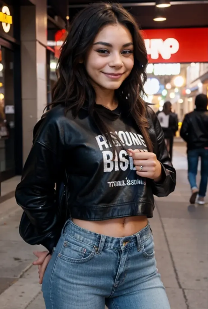 Vanessa Hudgens dressed in sweatshirt and leather jeans smiling