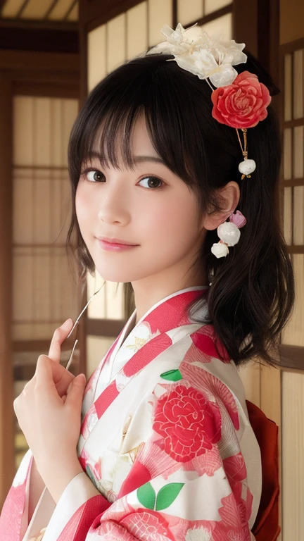 realisitic、8K UHD、hight resolution、(1girl in:1.2)、The ultra-detailliert、High quality textures、intricate detailes、detaileds、Very detailed CG、High quality shadows, A dark-haired、Kyo-Yuzen、colourful Kimono、park background, sakura flower falling down、(Super cute face in idol style:1.4)、slim and beautiful figure、beutiful breast、A smile、full body Esbian:1.2、colourfull、Vivid, looking back, a beautiful Japan woman in kimono, japanaese girl,