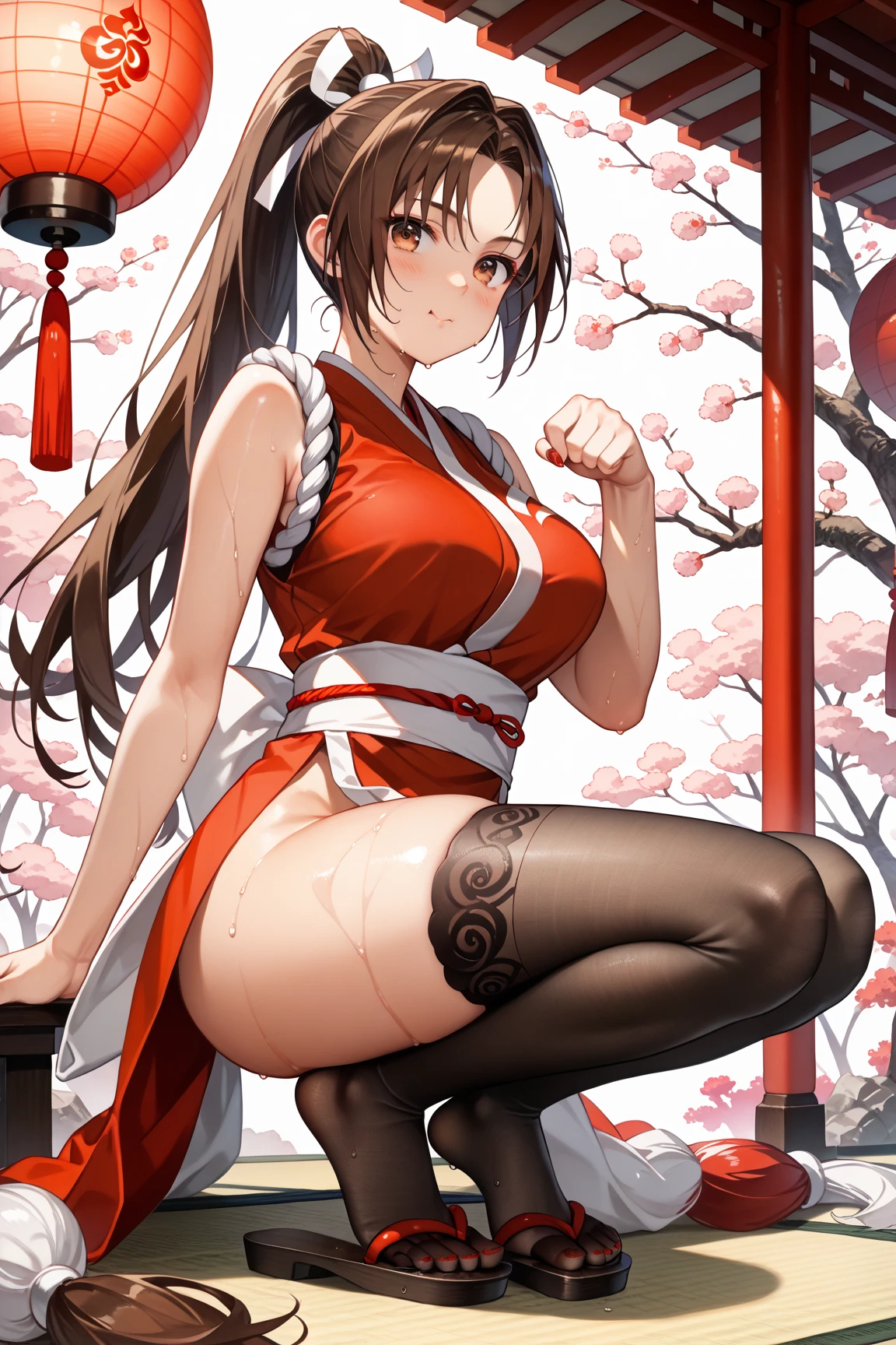 masterpiece、High resolution、Highest quality、1 girl、natsuiro matsuri、Festival Base、Back view、Brown Hair、High ponytail、Round green eyes、short hair、Headband、Bleaching、Loincloth、Blue Japanese traditional haori、smile