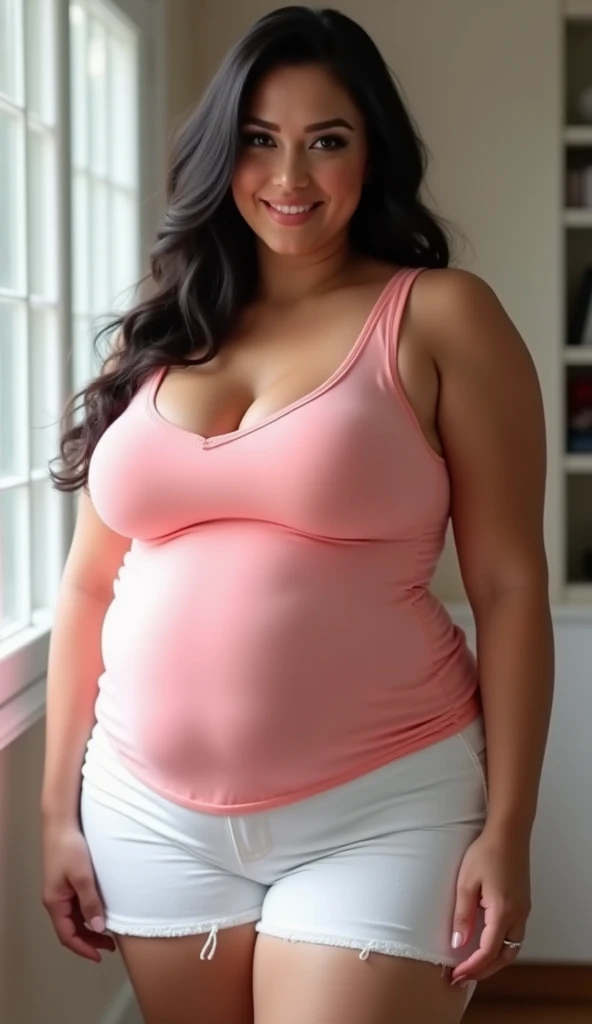 tiktok photo of 37 years old bengali curvy plus size woman in standing position head to thigh view, big m-cup breasts, she has a jiggly fat round belly, thick body, curvy plus size figure,big m-cup breasts , big m-cup breasts,cleavage, cleavage, big waist, big hips, sexy curve,front facing to camera, closeup, RAW, masterpiece, realistic, hyper realistic, muted color, film grain, looking at viewer, polo's pastel perfection looking 80s casual soft collars, fascinating, wearing Magenta dress flower, beautiful amazon jungle daylight background