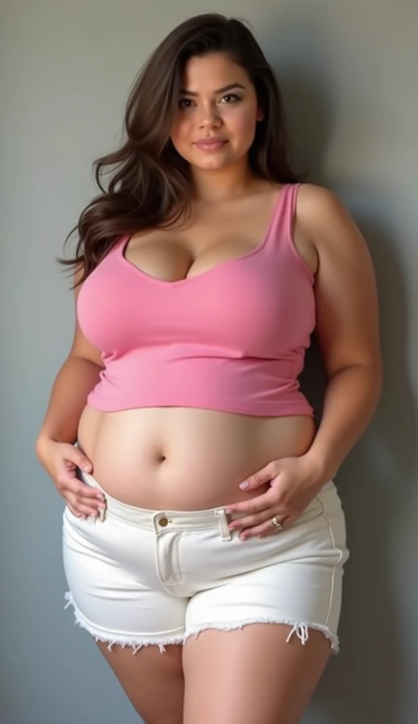 ((best quality)), ((masterpiece)), (detailed), perfect face, araffe woman in a long dark green shirt and 1/3 white denim skirt walking in black room , thicc,  wavy  short hair , she has a jiggly fat round belly, bbwchan, wearing tight simple clothes, skinny waist and thick hips, widest hips, her belly is fat and round, soft curvy shape, hyperrealistic full figure, wearing a cute top, wide hips, wearing 10 bracelet , wearing huge diamond necklace , fat cheeks 