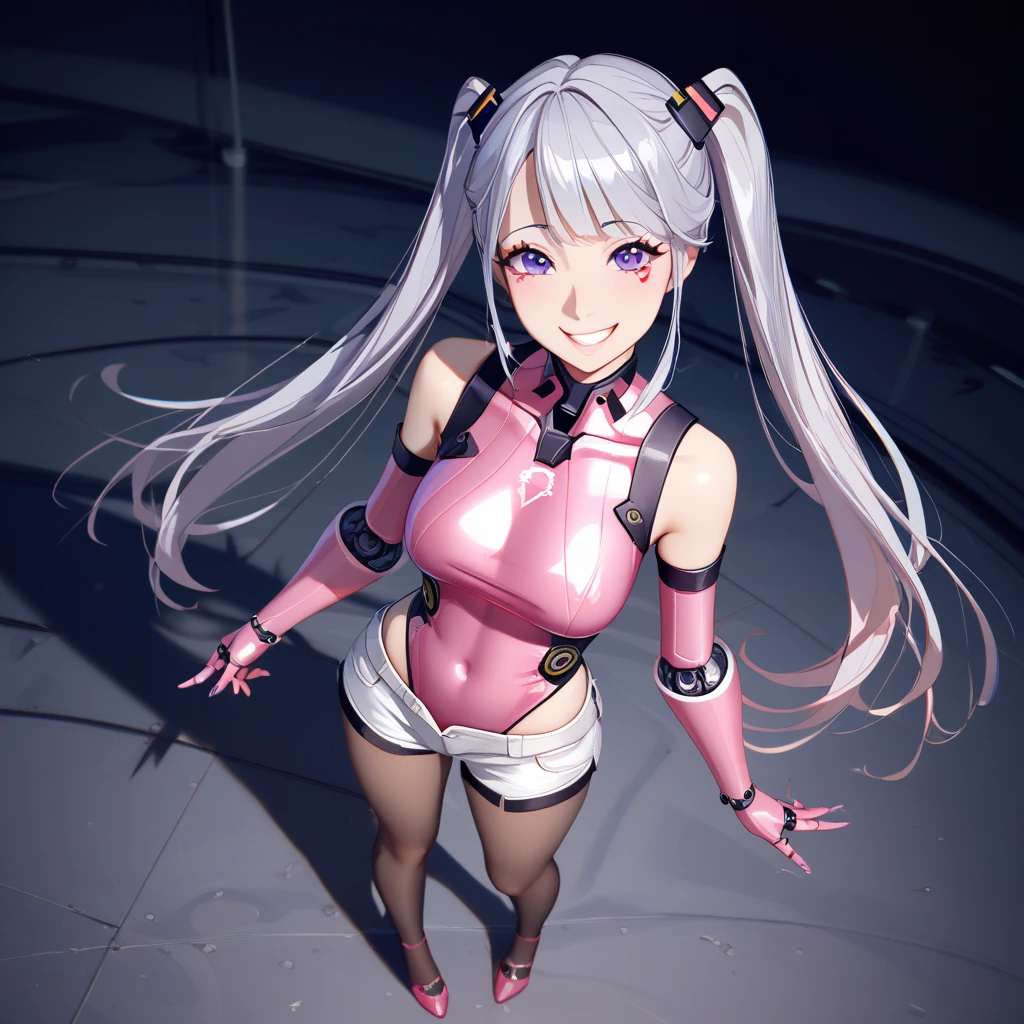 ((Highest quality)), ((masterpiece)), (detailed), Perfect Face, ((Highest quality, 8k, masterpiece: 1.3)), Real Anime、3d、splatoon girl、Sharp focus Beautiful woman with perfect body, Slim abdomen, Highly detailed face and skin texture, detailedな目、Golden Eyes, Open Mouth Smile, blush、Multicolored tentacle hairs、 ponytail、Big heart earrings, ((Silvery white tube top、Silvery white micro mini skirt))、Huge breasts、Cleavage、FI is changing direction, Sunburned skin, Brown Skin、Intercom microphone、fingerless silver gloves、Dance Vocal Idol、On stage at the festival、Rainbow colors、latexsuit