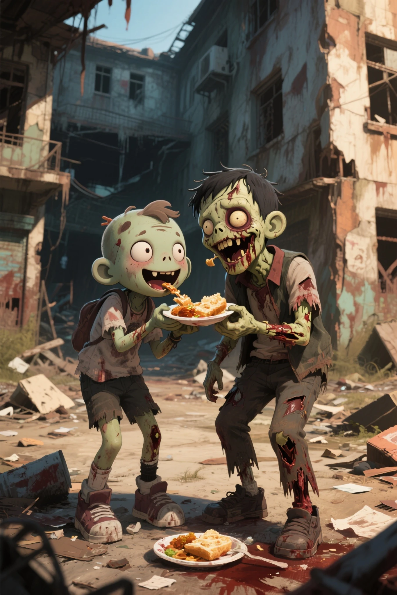 A zombie marijuana leaf with red eyes, flegs, zombie arms and mouth , inside a dark cemetery