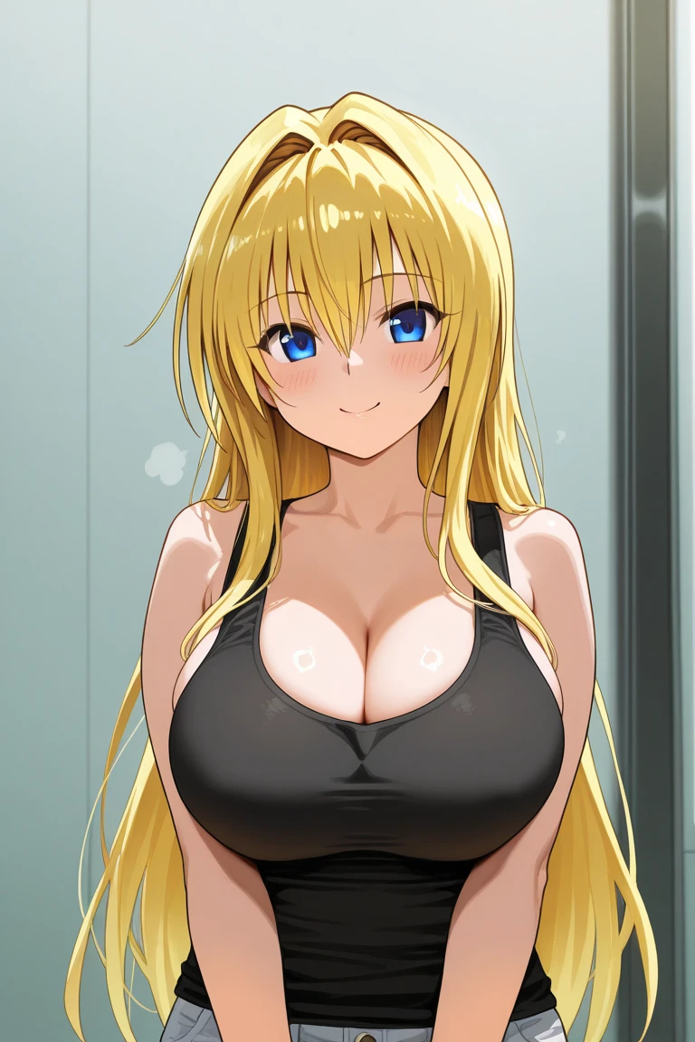 Line art, Hand-drawn, A cute girl posing, big eyes, long hair, big breasts, cleavage, tight boobs, yellow hair,