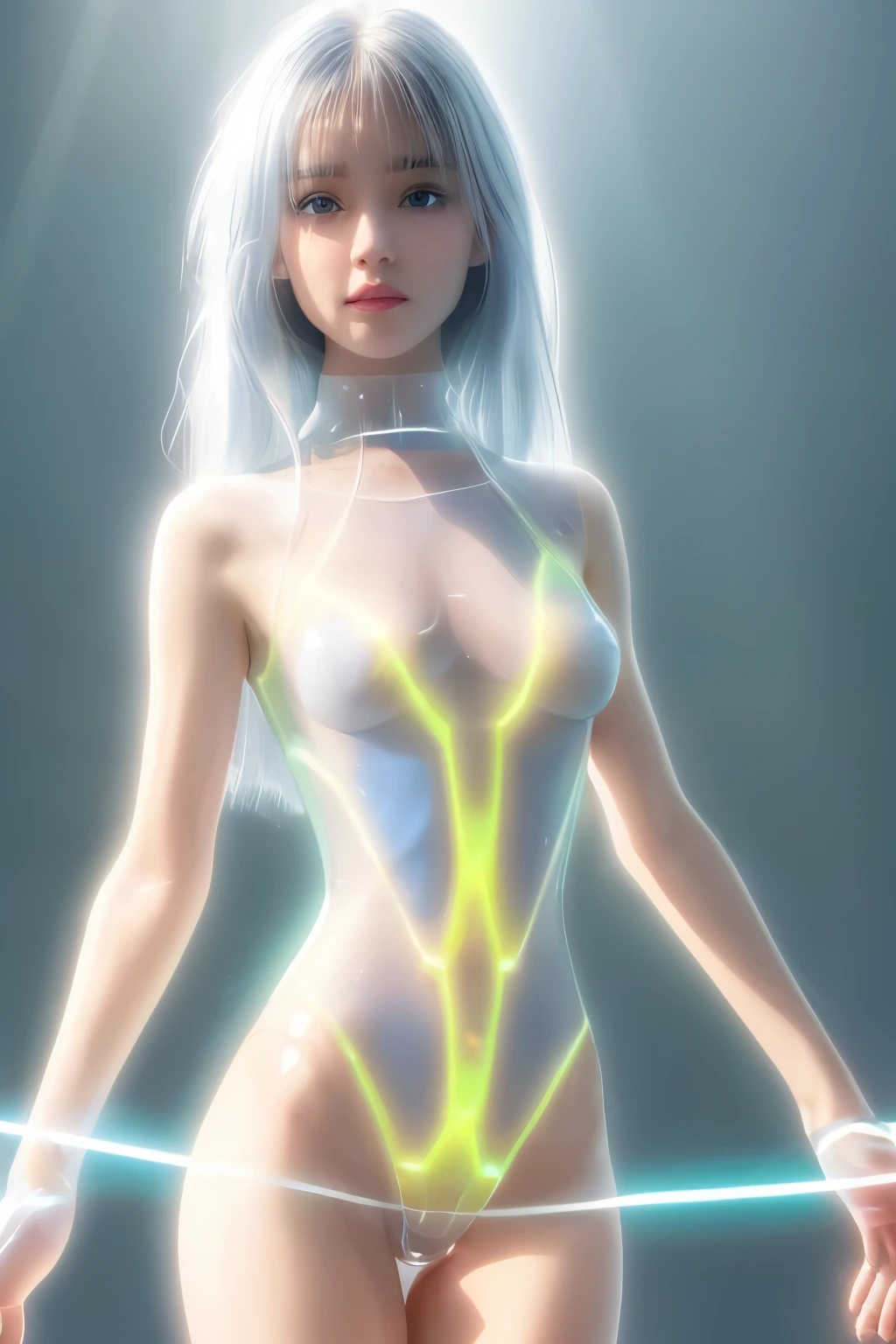 1girl，Cute beautiful girl，perfect body figure，Translucent body，glowing body，Sexy clothes，dynamicposes，rich details​，Science fiction world，Fantasy composition，Creative wallpapers，illusory 5