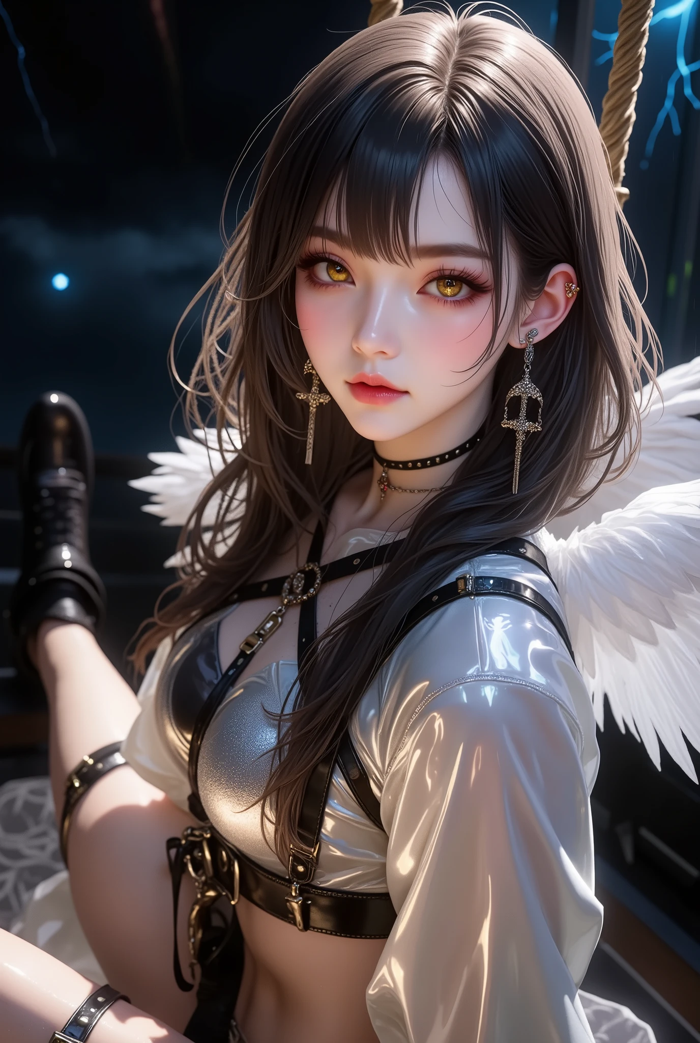 masterpiece, highest quality, Super detailed, Facing the camera, 複雑に詳細なSuper detailed, Realistic, Sharp features, Very detailed, Sharp focus, Perfect Face, Perfect symmetrical perfect eyes, Perfect Plump Lips, Flexible female form, Cinematic, Film Light, Super detailed, hyper Realistic, masterpiece, Atmospheric, High resolution, Vibrant, Dynamic Studio Lighting, ((Dark Background)), The expression when enduring pleasure, Straight bangs, blue eyes,Sexually aroused expression、(masterpiece), (highest quality), (highest quality), masterpiece, (High quality CG illustration), ((Very delicate and beautiful)), (A little while ago), Cinematic Light, Grotesque Machine Girl, Ultra-Realistic Details, Portrait, Global Illumination, Ultra Sharp, Complex, Decorations detailed, Cold colors, Metal, 非常にComplex詳細, Realistic Light, Shining Eyes, Neon Details, Mechanical Limbs, Blood vessels connected to tubes, Pipe connected to the crotch, Mechanical vertebrae attached to the back, Cervical vertebrae mechanically attached to the neck, Sit on, Wires and cables connected to the head, Small breasts, Small eye butt, ((Lament)), ((Angel Wings)), Emphasis on mechanical structure, (((Focus on the mechanical interior))), (Put a little emphasis on mechanical bones) ,Nipples, No pubic hair, (((Realisticな))). Candlelit cathedral interior at night, Tears of Blood, Soft breasts and buttocks and face, Limbs are restrained