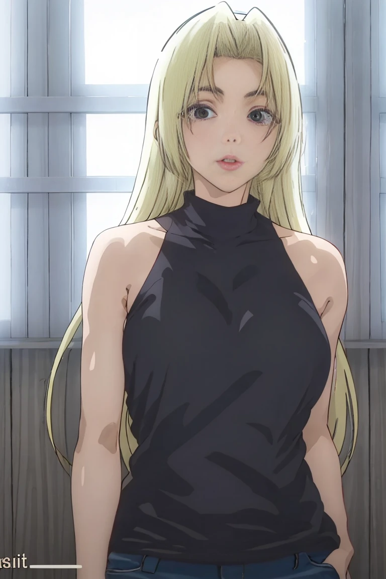 1girl,alone,yuki tsukumo,((best quality)), ((highly detailed)), masterpiece, detailed, large breasts, medium waist, wide hips, medium thighs, round butt, mature woman, blonde, long hair, focus feminine, sexy body, seductive smiling, standing, room, bedroom, alone, black ribbed dress, black shoes, bare back, looking at viewer, head on, pov(from below), cowboy shot, smile, hand on hip ,perfect hands, perfect anatomy