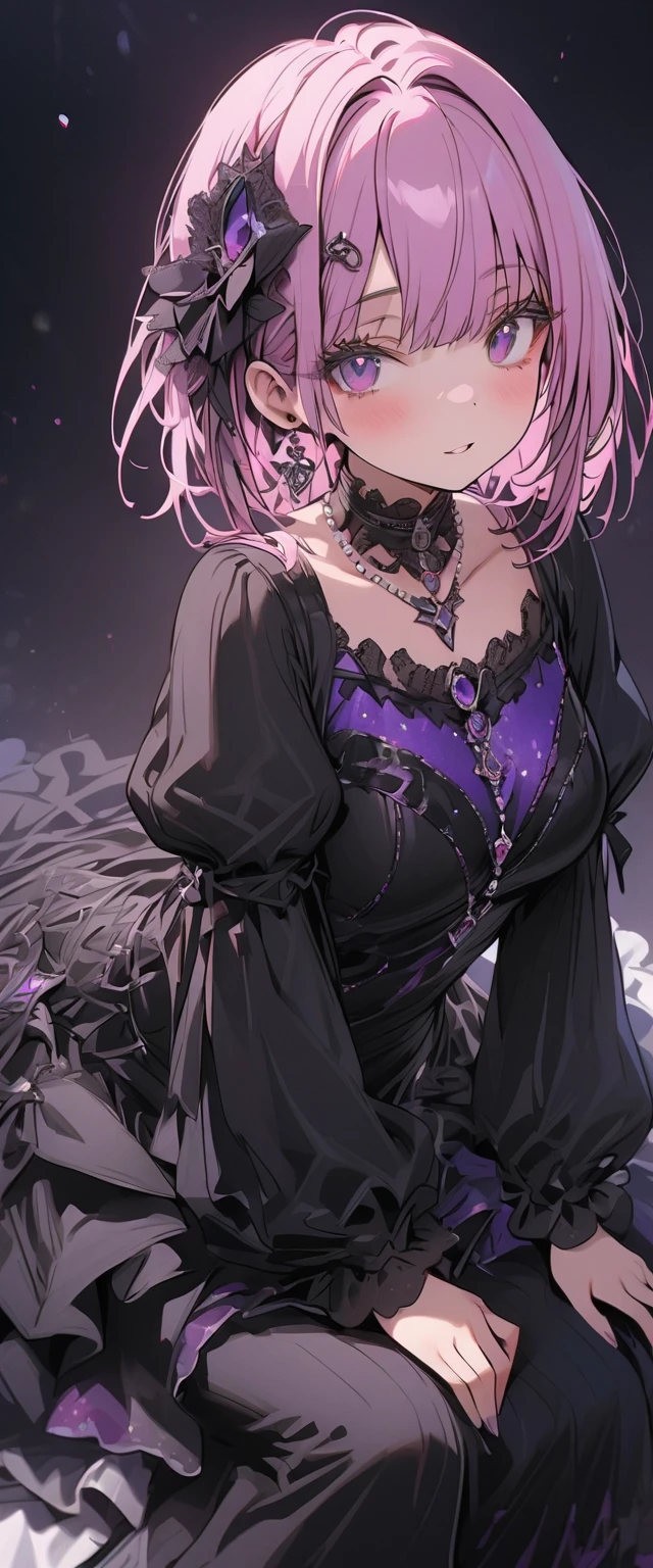 a pink haired female reaper with violet eyes with an hourglass figure with short hair is standing in a masquerade ball