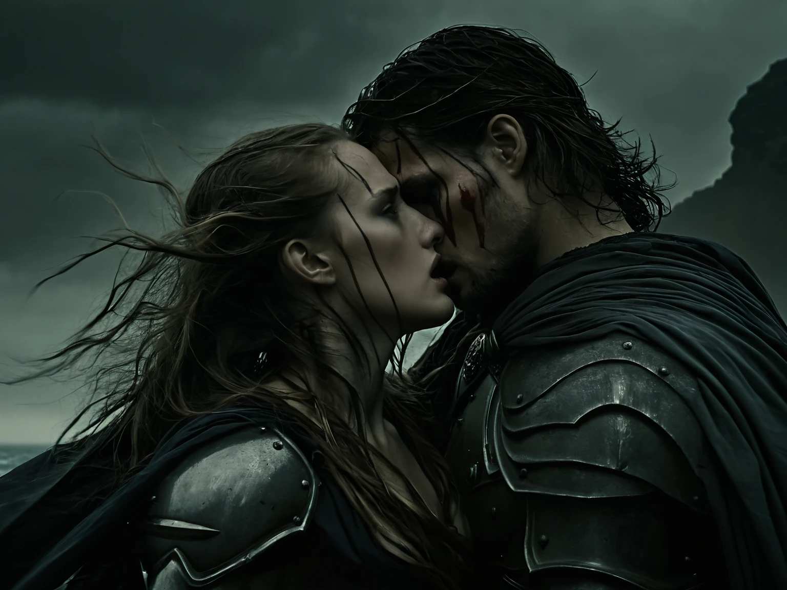 (melhor qualidade,4k,high resolution,obra de arte:1.2),ultra-detalhado,Realista,Conan the Barbarian,romantic scene,beijo e intimidade,mulher bonita sem censura,sensual,apaixonado,detalhes requintados,corpo escultural,muscular physique,antigo guerreiro,barbarian charm,lovers hugging,Strong emotional connection,desejo,atmosfera sombria e misteriosa,dramatic lighting,sombras contrastantes,olhares sedutores,beleza natural,Pele nua,cabelo solto,poses provocativas,subtle expressions,trajes coloridos,olhos expressivos,cores vivas,Dynamic Composition,mythical fantasy,aventura,Epic battle in the background,full of action,Guerreiros ferozes,confronto de espadas,Burning passion,atmosfera fumegante,paisagem surreal,Mythical creatures,floresta encantada,ancient ruins,smoke and fog,escala impressionante,heroic,profundidade emocional.