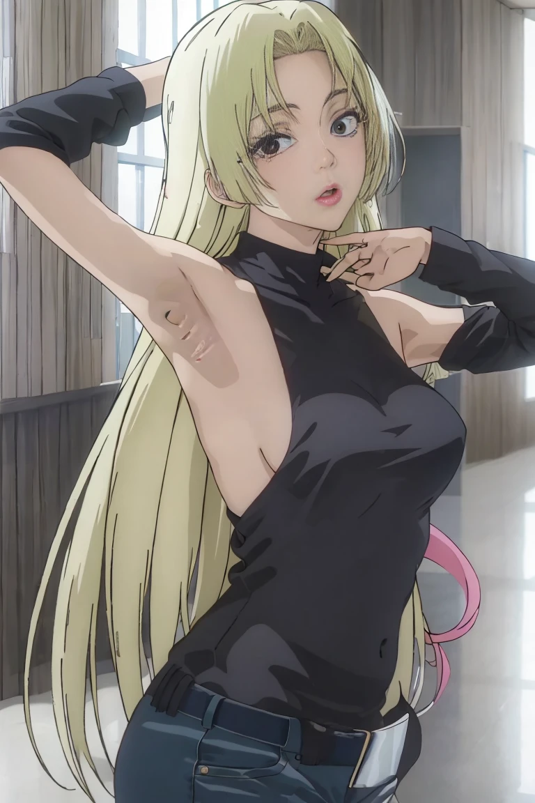 YukiTsukumo, blonde, long hair, female focus, solo, sleeveless turtleneck, blonde hair, red eyes, Yuki_Tsukumo, YukiTsukumo, YukiTsukumo, 1girl, solo, long hair, red eyes, blonde hair,bare shoulders, sleeveless, 👙 like anime full body meaty legs just black bikini big full body show leg fingers