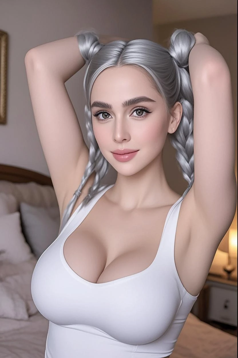 s Office,PC monitor on desk,The actress is a very beautiful Western adult woman..., Sexy Business Suit,tight skirts,Beauty Secretary,Sexy face, a necklace,piercings, Happy smile.Sexy Pose, (Silver hair、Ponytail twisted buns adorned with elaborate braids and beads,Braided Setup Fishbone Hair,),(Bangs are see-through bangs),(hair pin、poneyTail、Floating hair、),Open jacket.breast slip,(Emphasis on large breasts:1.3),profetional lighting,Cinematic Light,(masutepiece,top-quality,Ultra-high resolution output image,) ,(The 8k quality,),(Sea Art 2 Mode:1.3),,(Image Mode Ultra HD,)