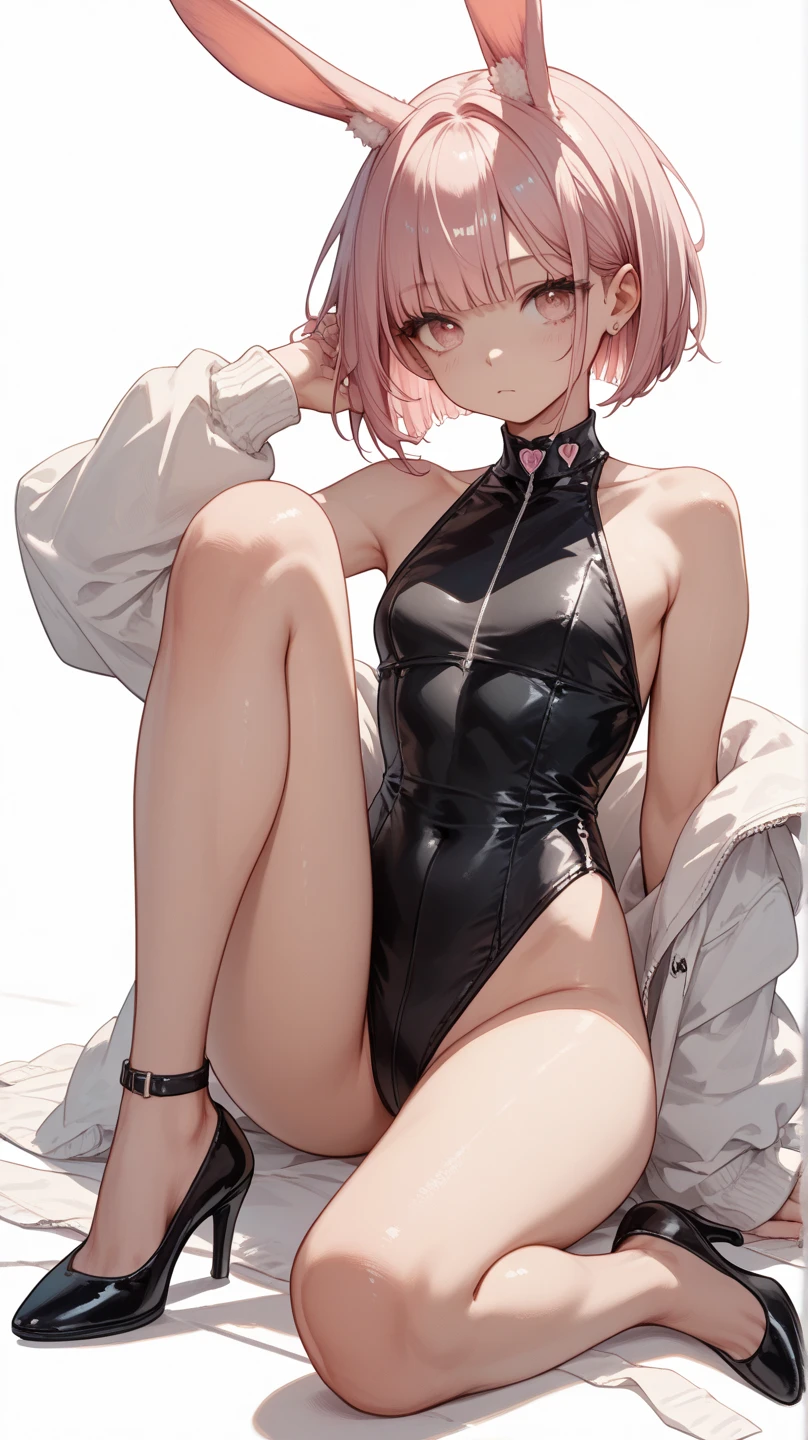 (solo images、18 year old boy with pink hair,bare wood ,cold eyes、cool look、beautiful boy、long eyelashes、 blue eyes,Small arms々muscular,thin short hair、、fashionable town background, thigh-high stockings, femboy