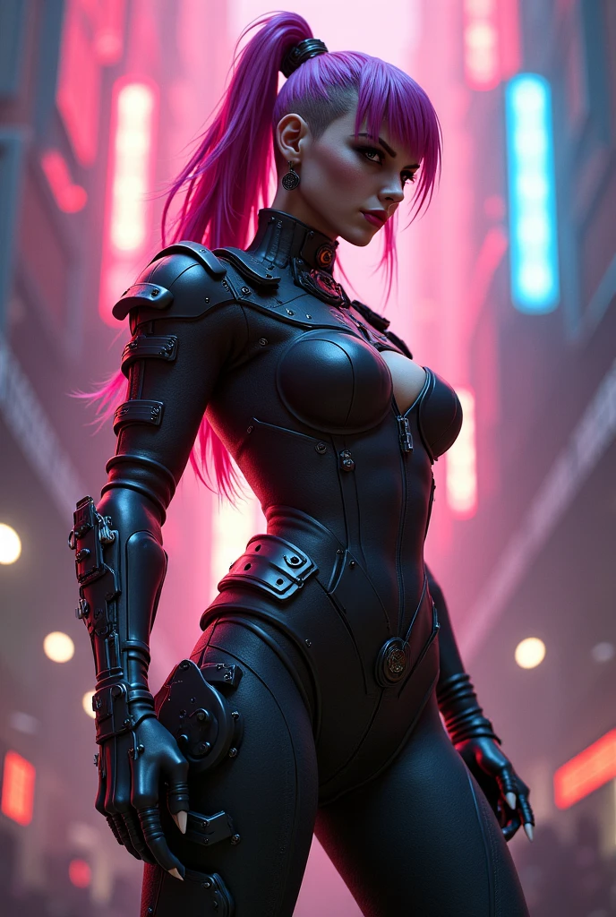 Full shot,full body,analog style,masterpiece,detailed sexy mandalorian girl, 20 years old, red hair, standing in neon colored latex bodysuit and black nylon stockings, vibrant colors, smiling, evil grin, garters, with legs spread in a very dark room, perky breasts, nipples visible thtough the bodysuit, detailed very short shaved hair on the girl's head, detailed clean-shaven face, beautiful detailed red eyes, detailed long eyelashes and red eyebrows, detailed athletic physique, strong abs, skin pores, wet skin, skin gloss, natural skin, natural skin tone, detailed background of a cyberpunk city, lighting in the room intimate twilight, soft twilight, boudoir style, high resolution, clear focus, shot in the style of Helmut Newton --auto --s2