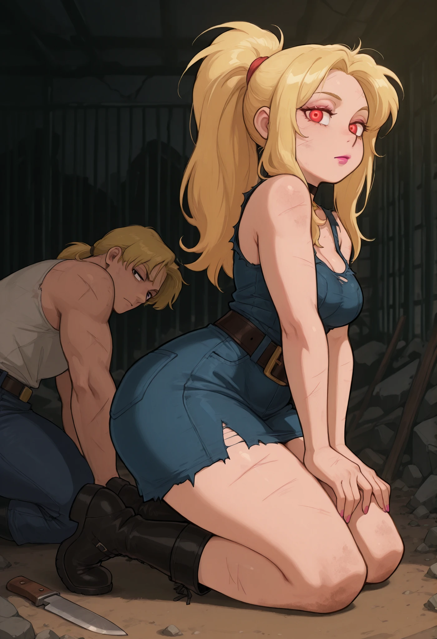 Francine Smith, looking at viewer, pink lipstick, choker, Blonde hair, medium breasts, huge hips. long hair. black eyes. | 1man,1woman, A tall handsome man is standing over a kneeling beautiful woman. He has taken her prisoner, now he must protect her in a dangerous dystopian world. woman, (woman kneeling on ground:1.5), afraid, defeated, barefoot, short dress, dirty, torn dress seasoned man, handsome, muscular physique, tall, fair skin, scars, (glowing red eyes), strong jawline messy ponytail, bored, (standing, legs wide), dominant, dynamic pose, dirty blue jeans, (((black boots, heavy belt))), belt knife, messy room, dirty, rubble, prison, full body, wide angle, side view, dynamic lighting, dusk, sunset, warm light, perfect quality, best quality, absolutely eye-catching, ambient occlusion, raytracing, masterpiece, best quality, very aesthetic, lazypos, ails