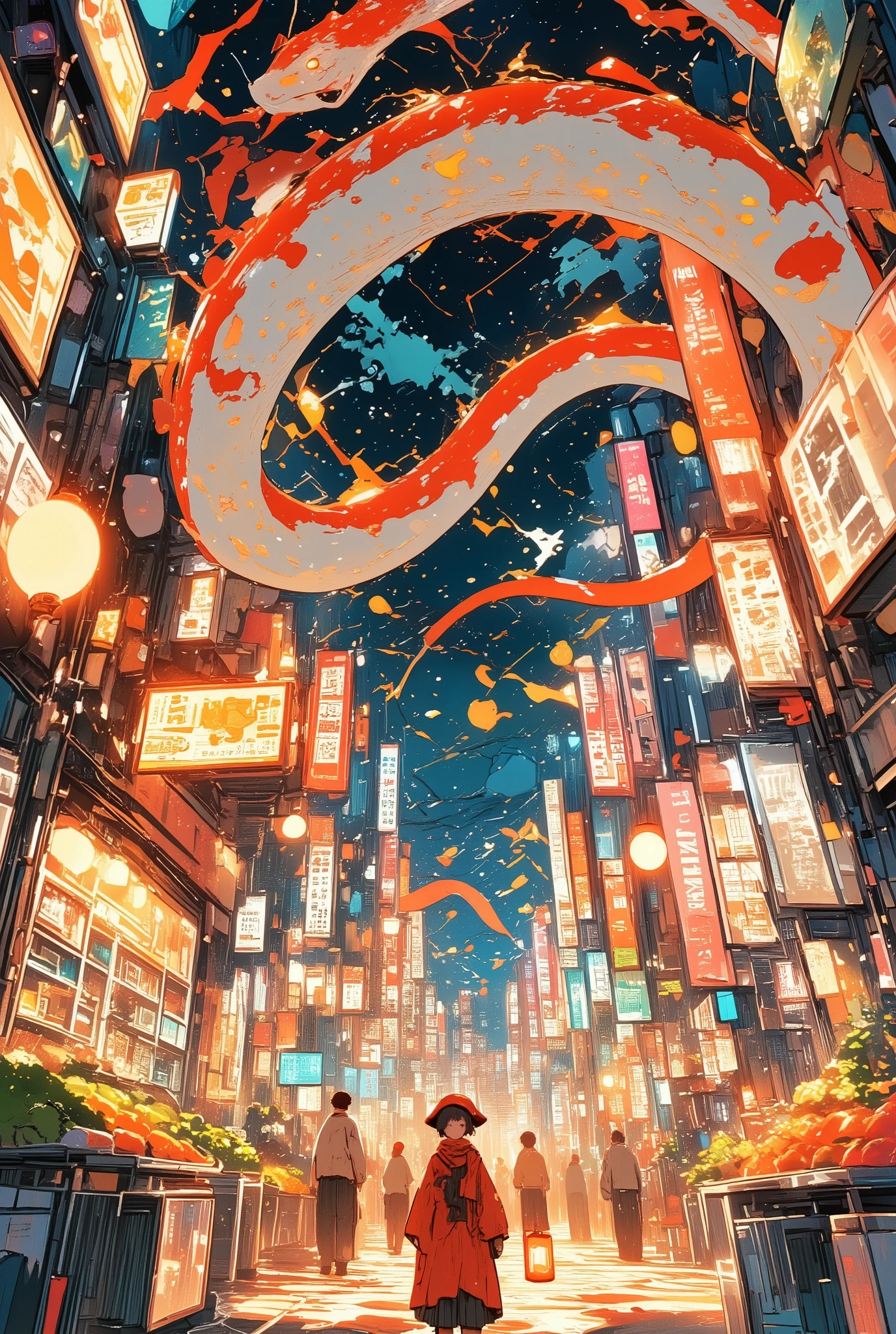 This is a vibrant, whimsical digital illustration depicting a bustling Asian street scene at night. The central focus is a massive, coiled red and white snake, with its head and tail extending from the bottom and top of the image, respectively. The snake's body is adorned with intricate patterns and symbols, giving it a mystical appearance.
In the foreground, a small, red-cloaked stands in front of the snake, holding a red lantern, adding a sense of wonder and curiosity to the scene. The 's attire is reminiscent of traditional Asian garb, with a red hat and a long, flowing red cloak.
The background is filled with colorful, lantern-lit buildings and shops, each with their own unique decorations and signs in Chinese characters. The street is lined with various stalls and vendors, selling items like fruits, vegetables, and other goods, creating a lively, bustling atmosphere.
The overall color palette is dominated by warm reds, oranges, and whites, with occasional splashes