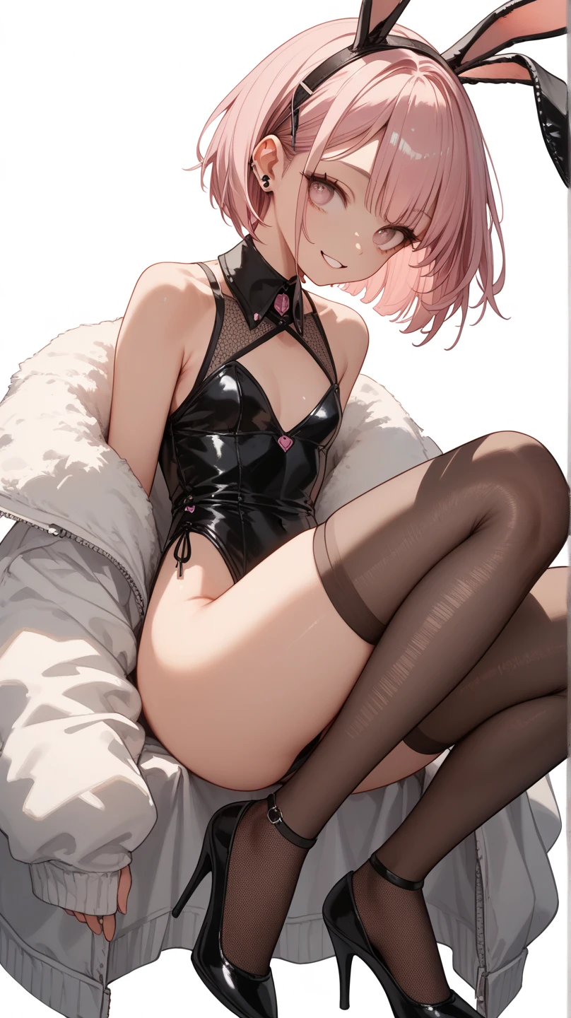 opening legs，Bunny ears，No underwear， the feet，is shy，sitted， Feet，Exposed genitals，clear liquid，Bigchest，Black fully transparent panties，soaking wet，A pink-haired，Hold your thighs from behind with your hands，Emotive expressions，Ambiguous，taunt，on cheongsam，Unoccluded，There is no lower limit
