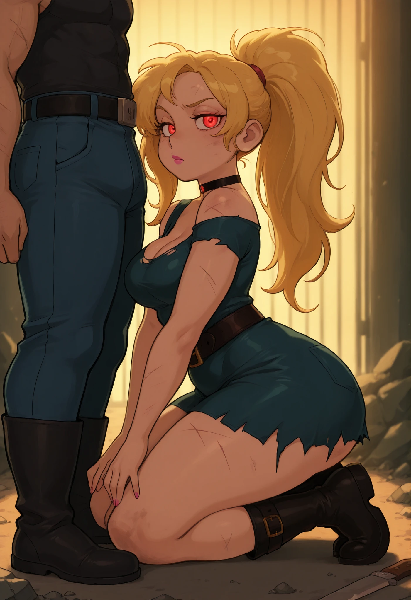 Francine Smith, looking at viewer, pink lipstick, choker, Blonde hair, medium breasts, huge hips. long hair. black eyes. | 1man,1woman, A tall handsome man is standing over a kneeling beautiful woman. He has taken her prisoner, now he must protect her in a dangerous dystopian world. woman, (woman kneeling on ground:1.5), afraid, defeated, barefoot, short dress, dirty, torn dress seasoned man, handsome, muscular physique, tall, fair skin, scars, (glowing red eyes), strong jawline messy ponytail, bored, (standing, legs wide), dominant, dynamic pose, dirty blue jeans, (((black boots, heavy belt))), belt knife, messy room, dirty, rubble, prison, full body, wide angle, side view, dynamic lighting, dusk, sunset, warm light, perfect quality, best quality, absolutely eye-catching, ambient occlusion, raytracing, masterpiece, best quality, very aesthetic, lazypos, ails