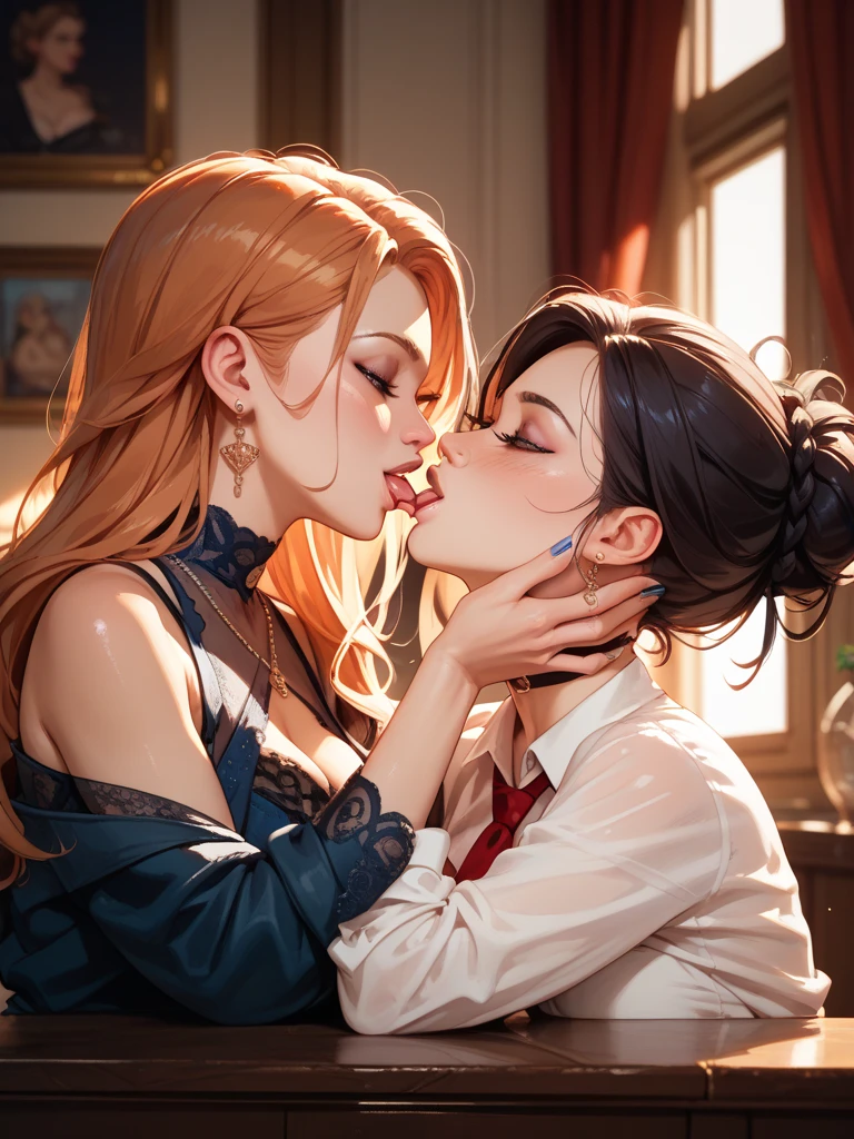 arafed lesbian couple kissing each other in front of a table, kissing together cutely, beautiful, cute, by Nándor Katona, couple pose, by Amelia Peláez, beutiful, in love, kissing together, ❤🔥🍄🌪, tumblr, beautiful gorgeous, couple kissing, happy couple, by Lucia Peka, kissing smile