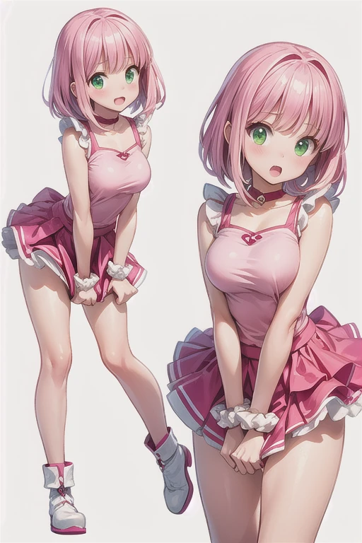 (masterpiece, best quality:1.3), Sasaame_ra, 1girl, solo, looking at viewer, cowboy shot, simple background, wide hips, thick thighs, (small breasts:1.3), frilled dress, pink eyes, short hair, pink hair, blush, smile, closed mouth <lora:Sasaame_ra Style Lora:.9>