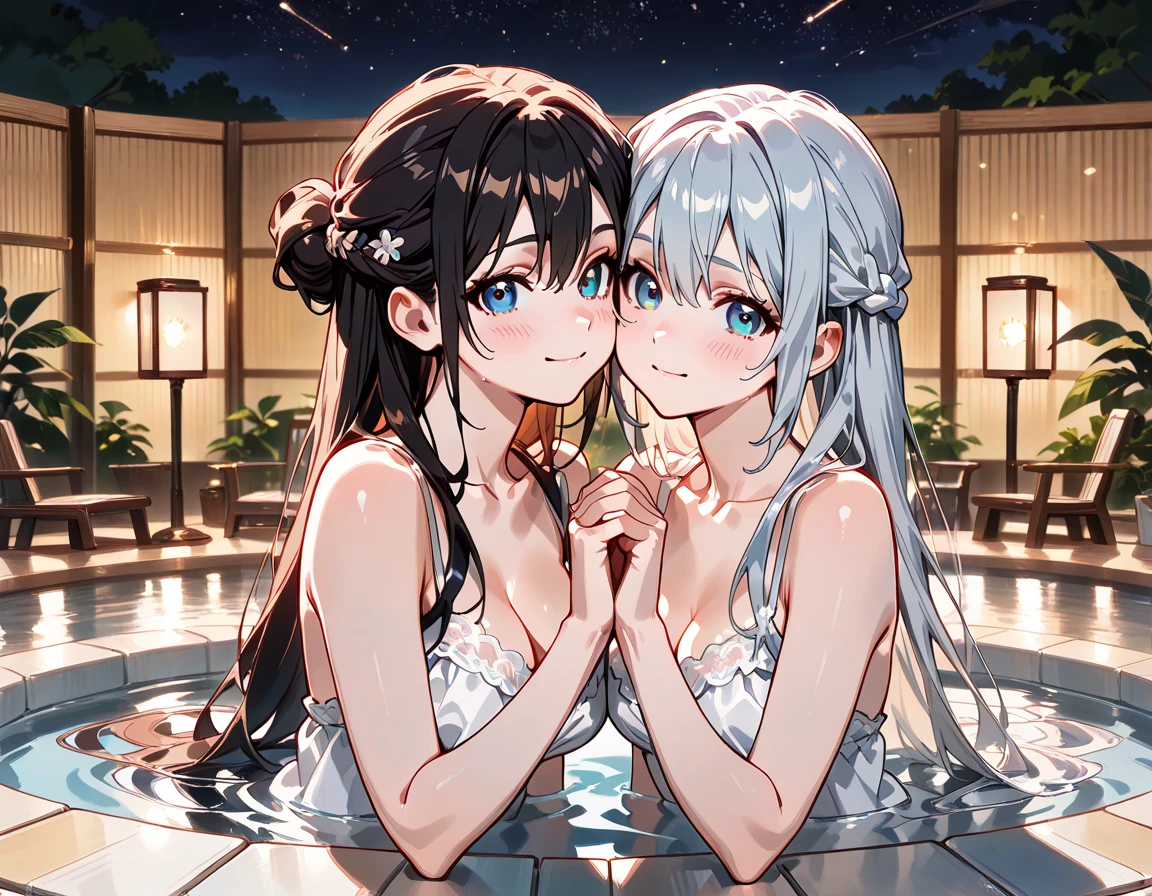 onsen, (((2girls))), ((height_difference)), ((size_difference)) a (giantess:1.4) girl, elfgirl, naked, , huge breasts, cute, adorable, onsen, blushing, smug, tall, bra a woman, small breasts, navel, naked, bra, (yuri:1.5), (eye_contact:1.5), a giantess looking down at a small woman, giantess towering over a small woman, giantess making eye contact with a small woman